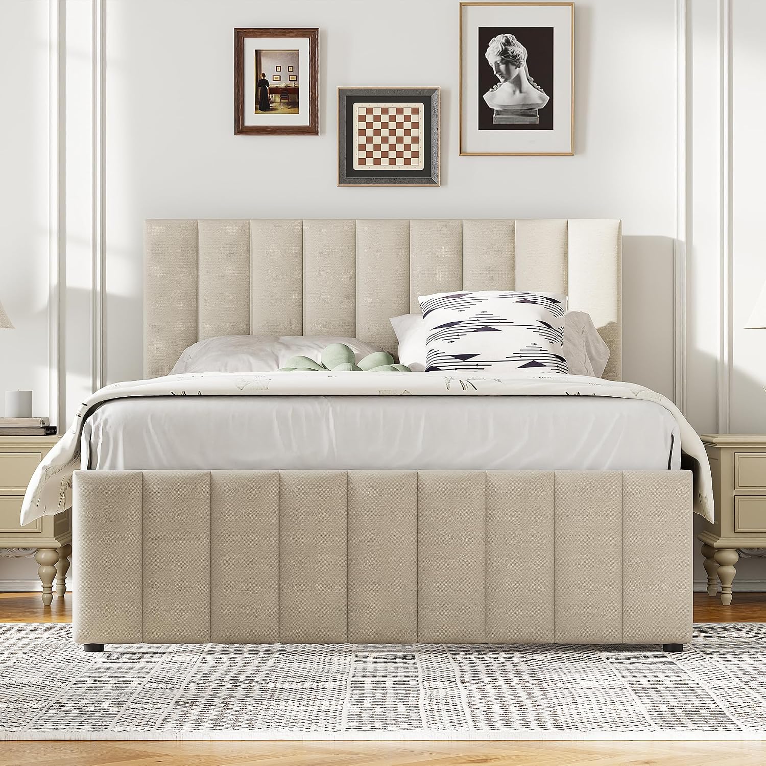 VilroCaz Full Size Upholstered Platform Bed with Trundle and 3 Drawers, Linen Fabric Platform Bed Frame with Stripe Headboard, No Box Spring Needed, Space Savings (Beige-6.16)
