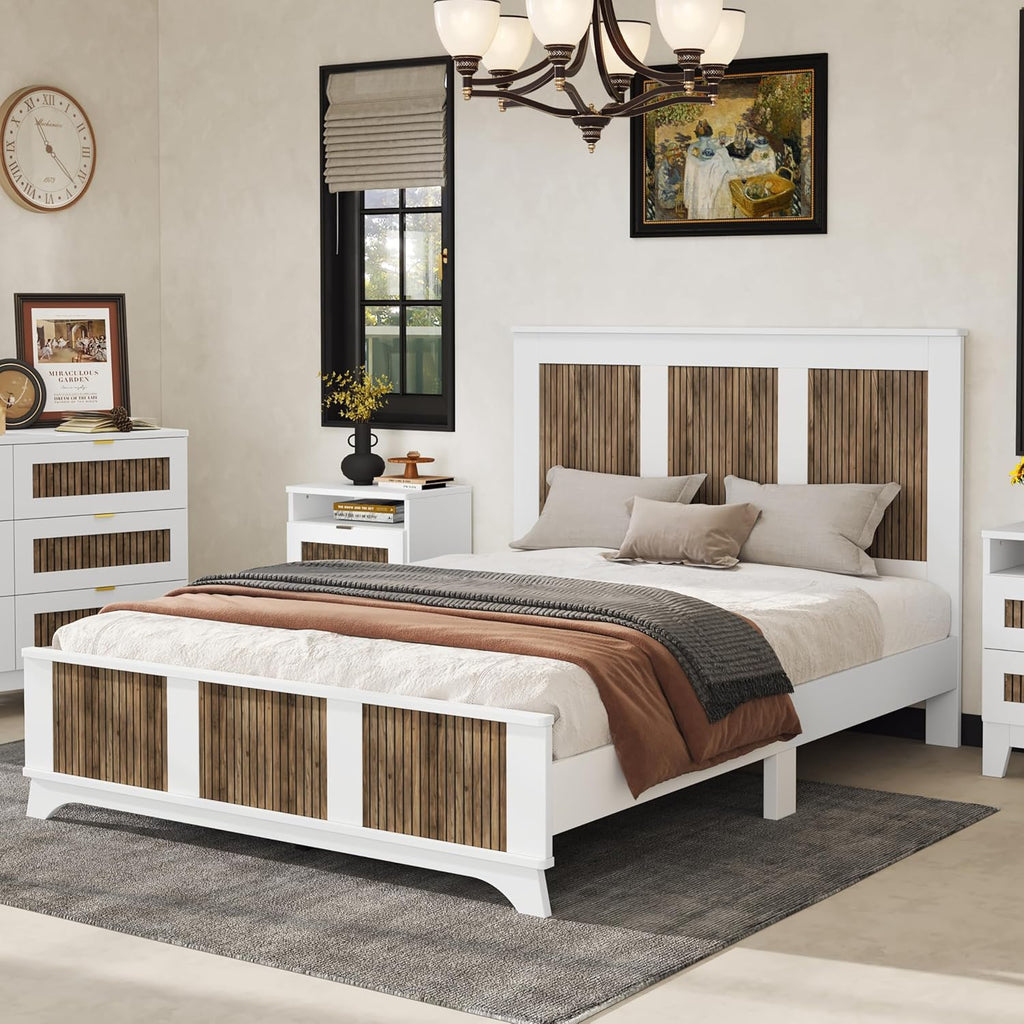 JIVOIT Farmhouse Wooden Platform Bed, Queen Size Platform Bed with Wooden Strip Decoration Headboard and Footboard, Plywood Slats Support, No Box Spring Required (White,Queen,268)