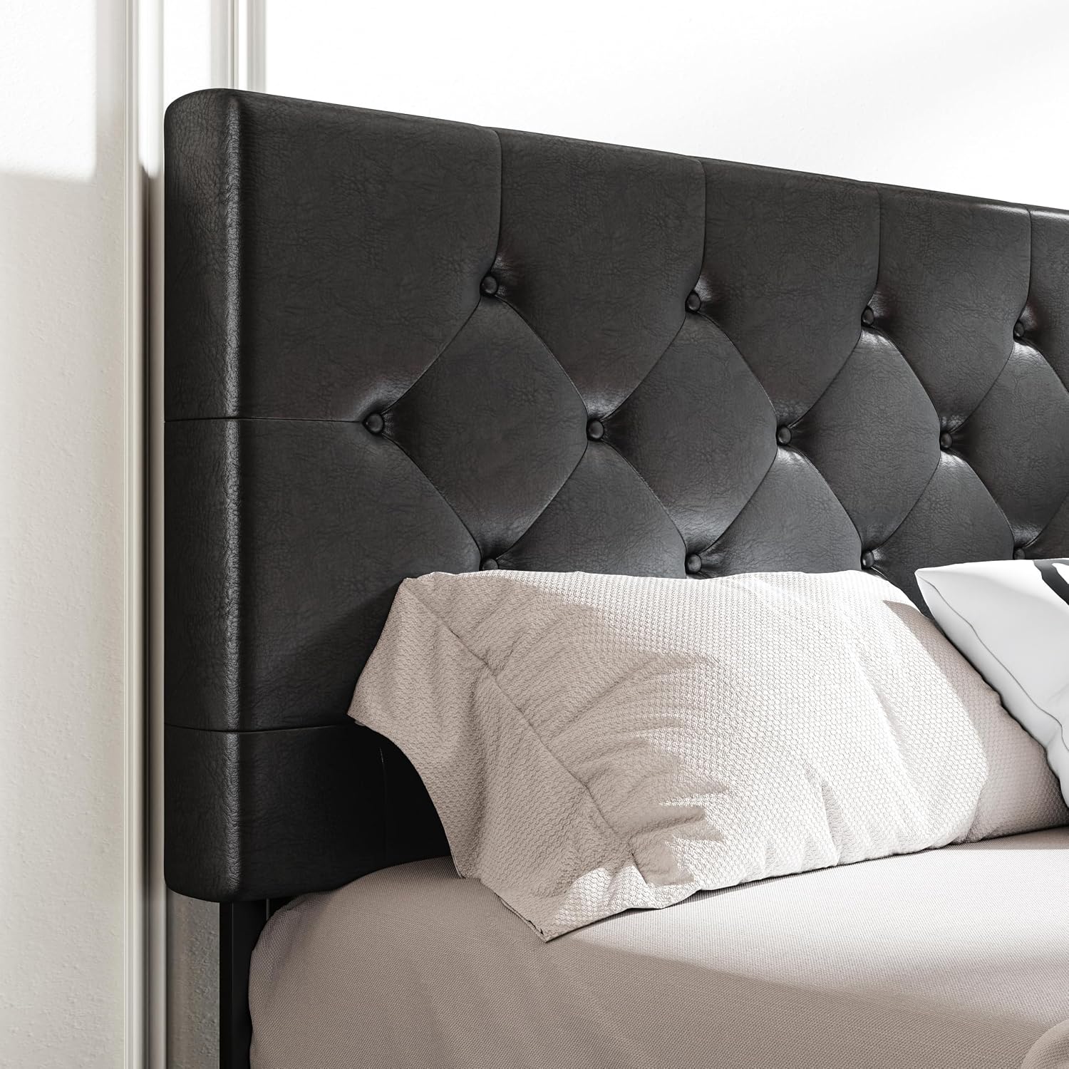 MUTICOR King Size Bed Frame with 4 Storage Drawers, Upholstered Platform Bed with Button Tufted Adjustable Headboard, No Box Spring Needed, Easy Assembly, Diamond Tufted, Black Leather