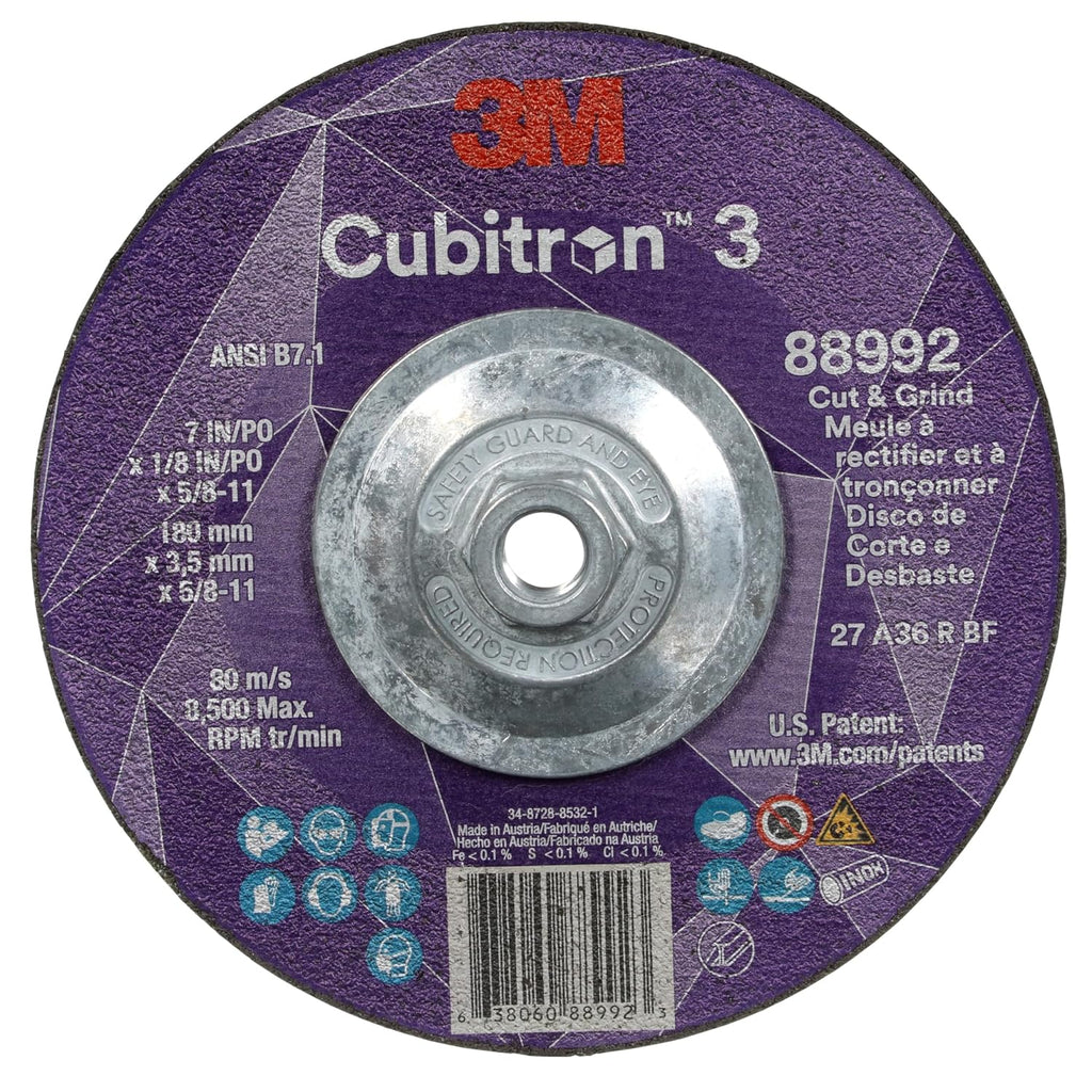 3M Cubitron 3 Cut and Grind Wheel, 88992, 36+, T27, 7 in x 1/8 in x 5/8 in-11, Pack of 10, ANSI, Longer Life, Faster Cut, Back-Gouging, Fillet Weld Removal, Cutting, Grinding
