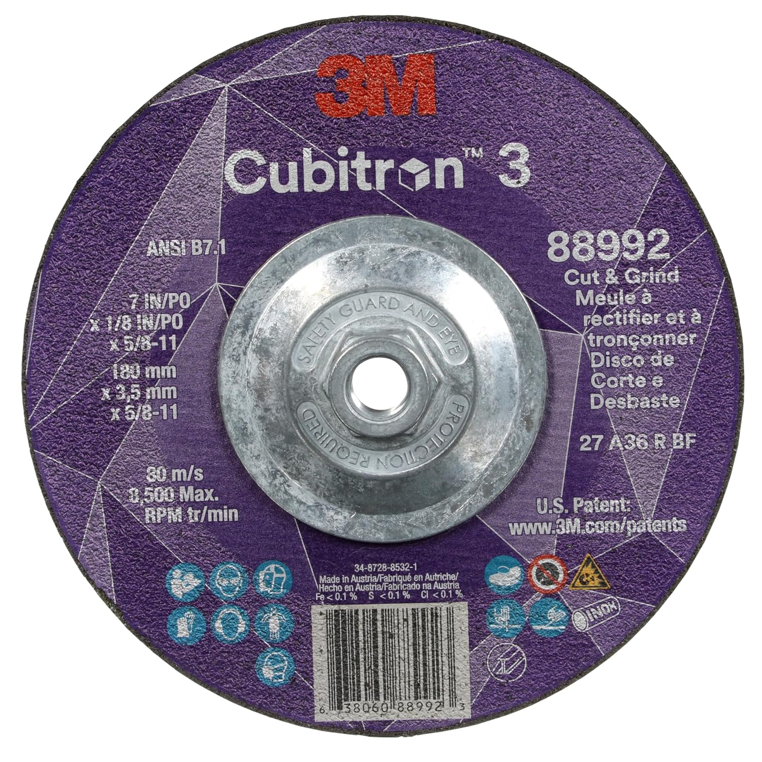 3M Cubitron 3 Cut and Grind Wheel, 88992, 36+, T27, 7 in x 1/8 in x 5/8 in-11, Pack of 10, ANSI, Longer Life, Faster Cut, Back-Gouging, Fillet Weld Removal, Cutting, Grinding