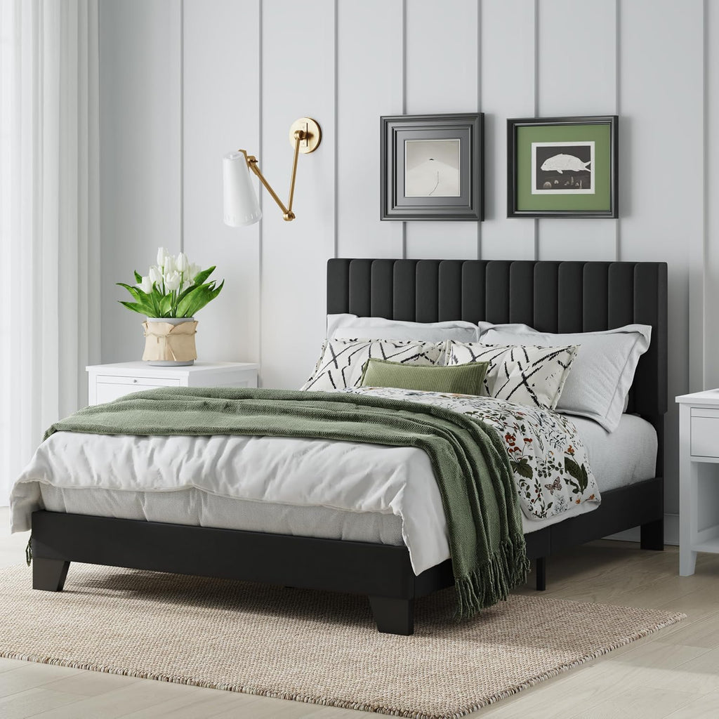 Full Size Bed Frame, Velvet Upholstered Platform Bed with Adjustable Tufted Headboard, Sturdy Frame and Slats, Noiseless, No Box Spring Required, Easy to Assemble, Black