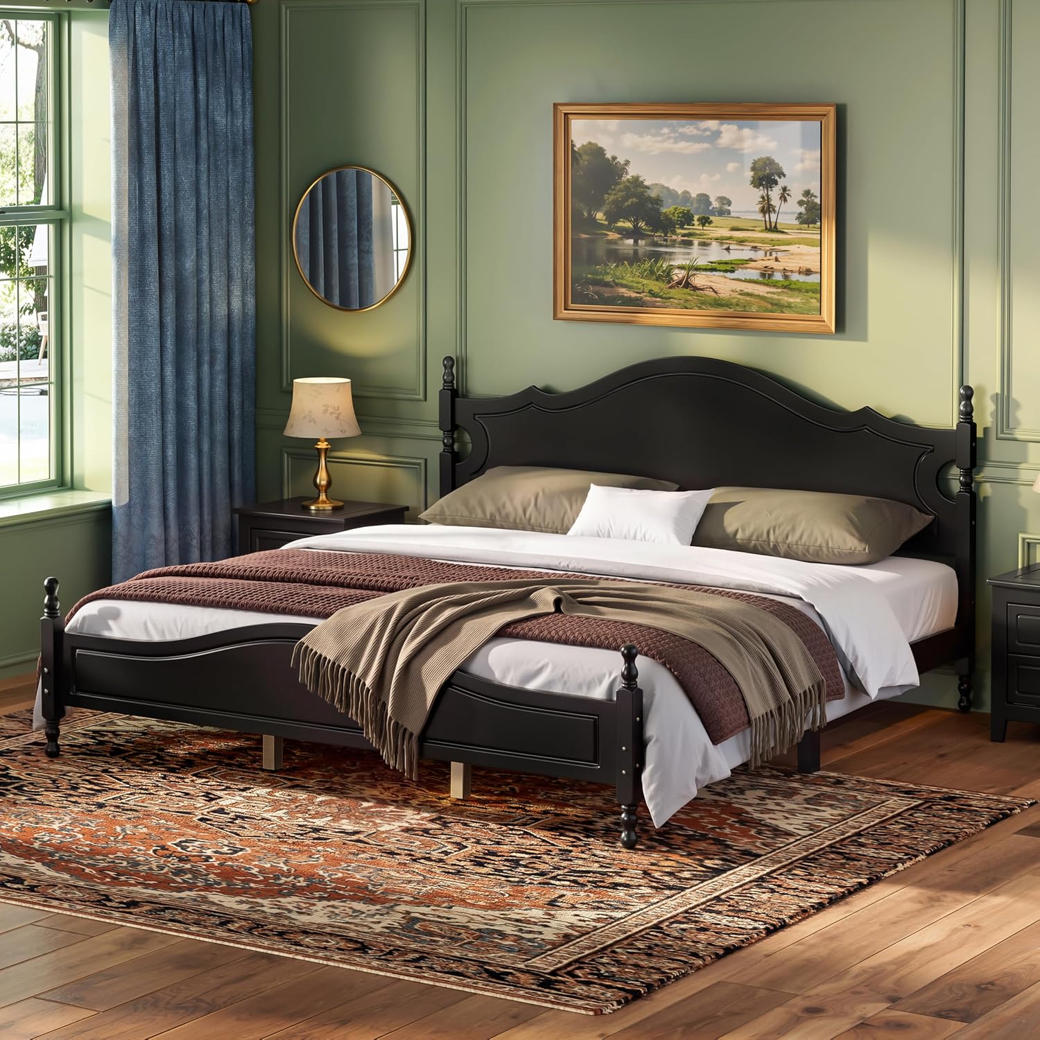JIVOIT Retro Style Platform Bed with Headboard and Footboard, King Size Wood Platform Bed Frame with Wooden Slat Support, Solid Wood Foundation, No Box Spring Required (Black,King,5)