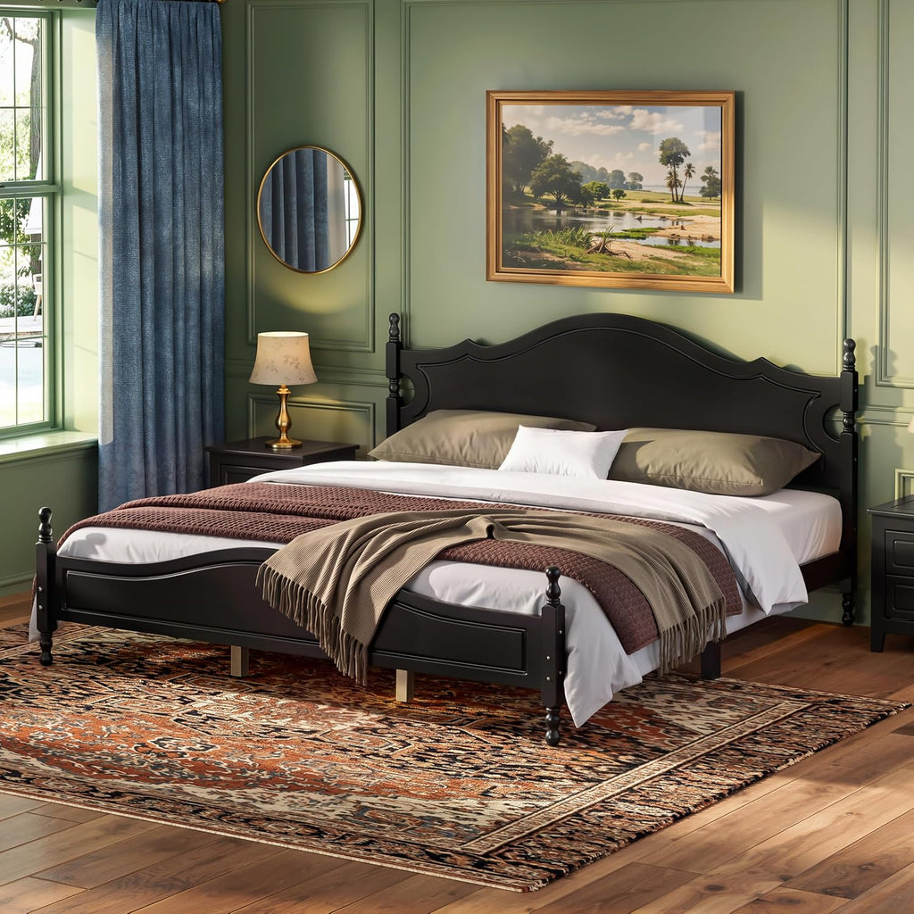 Merax Retro Wood Platform Bed with High Headboard, King Bed Frame with Sturdy Legs/No Box Spring Needed/Easy Assemble Black