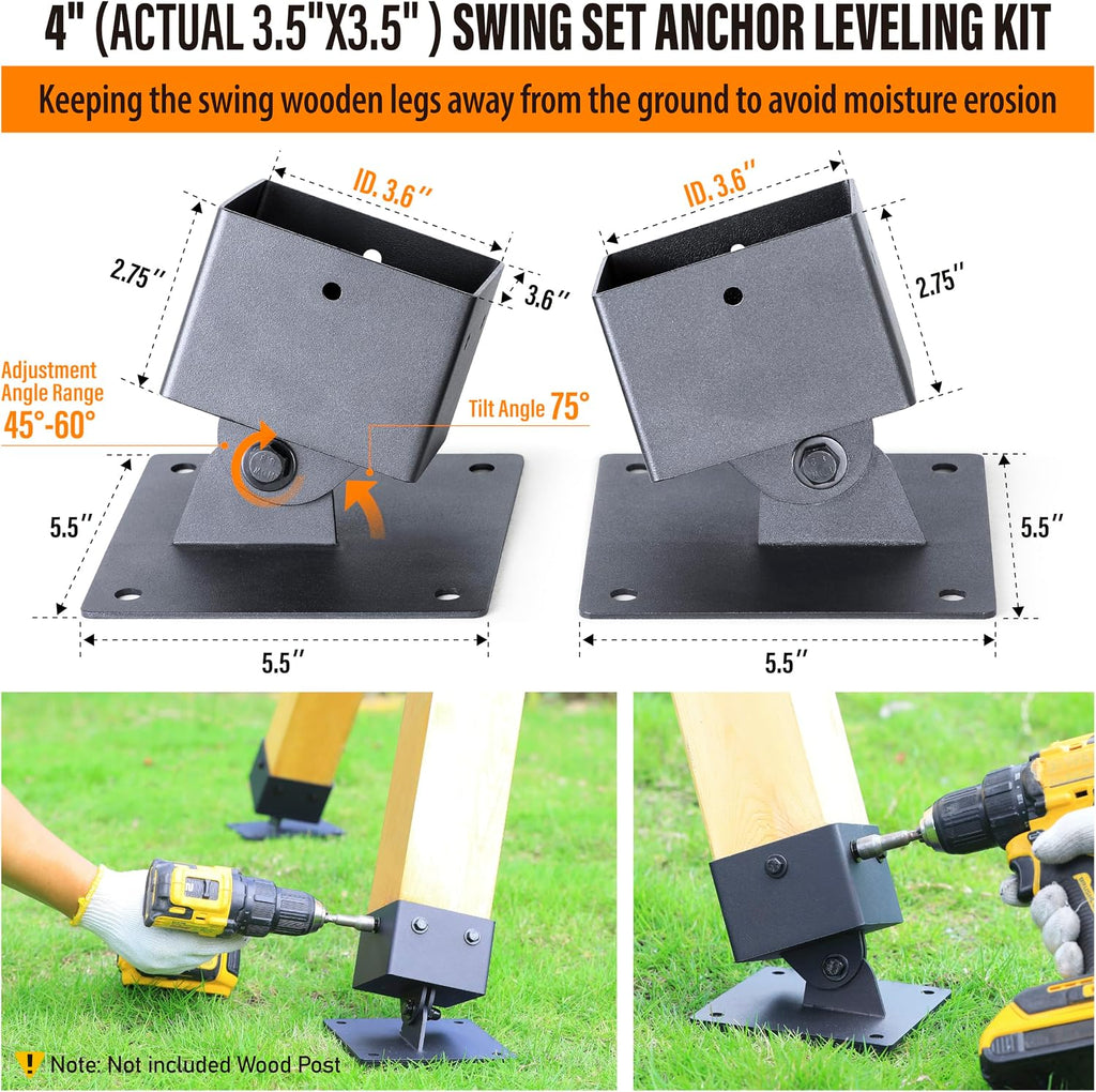 4-Pack Heavy Duty Swing Leveling Base Brackets 45-60 Angle Range Swing Set Brackets Stainless Steel Swing Anchor Leveling Kit Brackets Level on Uneven Ground Fits Grass Gravel and Hard Ground