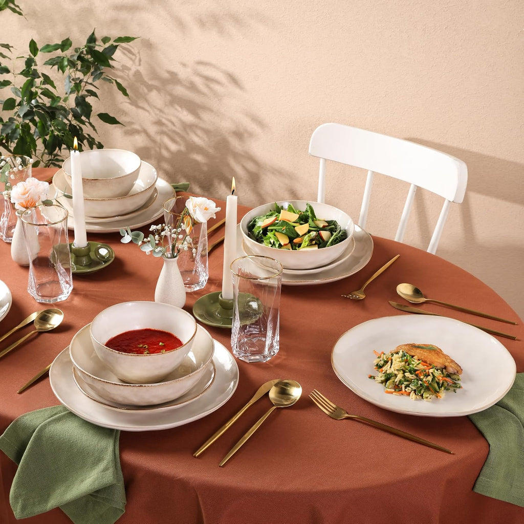 Karaca Aria Reactive Stoneware Plates & Bowls Sets - Ceramic Dinnerware Sets for 6, 24 Piece Microwave Safe Dish Set incl. Dinner Plate Set with Pasta Bowls, Side Plates and Cereal Bowl - Beige