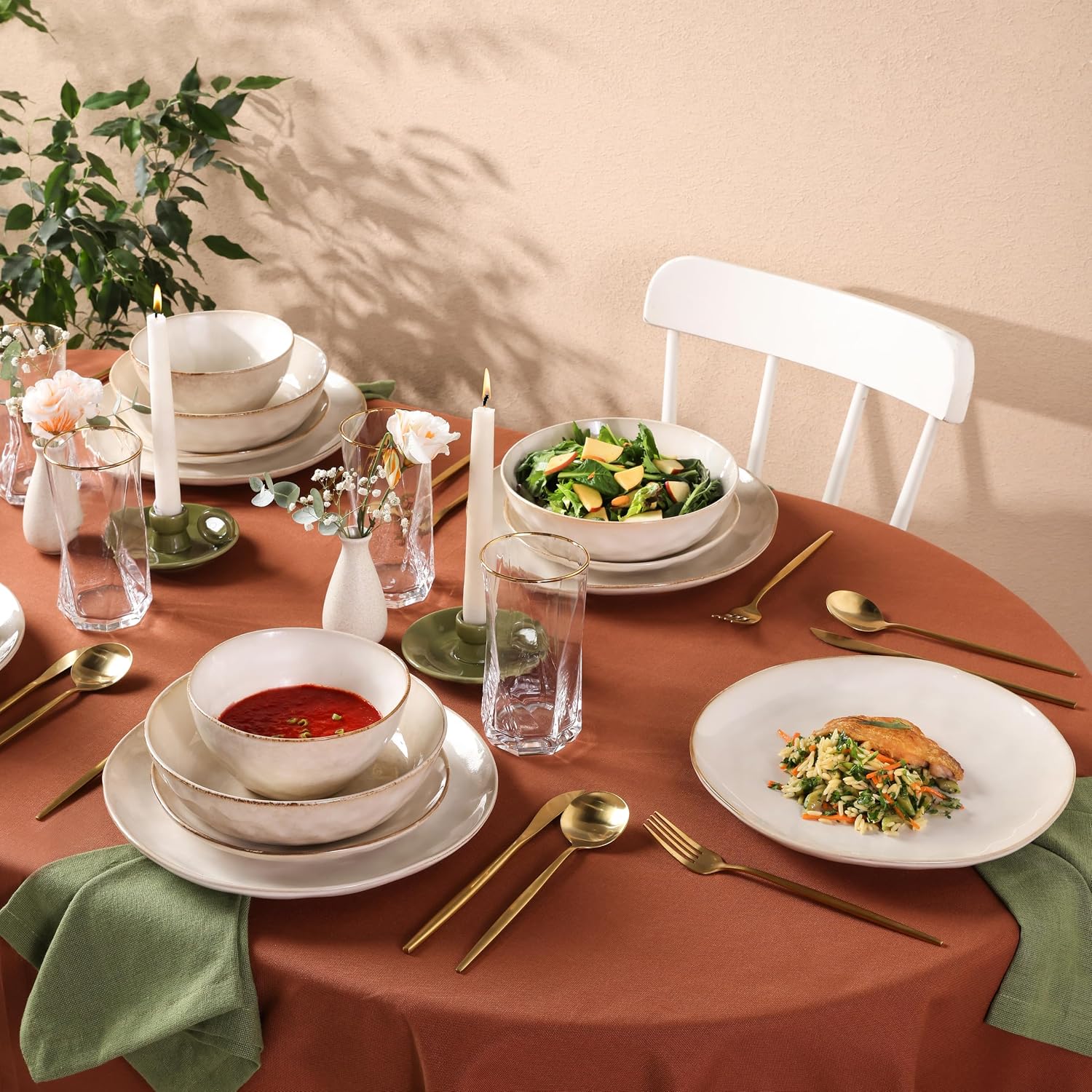 Karaca Aria Reactive Stoneware Plates & Bowls Sets - Ceramic Dinnerware Sets for 6, 24 Piece Microwave Safe Dish Set incl. Dinner Plate Set with Pasta Bowls, Side Plates and Cereal Bowl - Beige