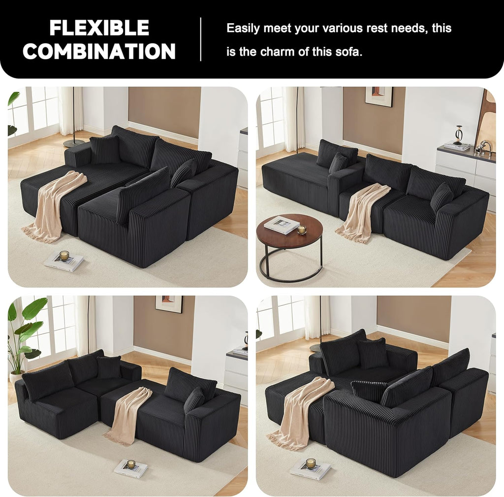 Weture 97' Modular Sectional Sofa, L-Shaped Boneless Couch with Deep Seat, Cozy Cloud Couch Sectional with Convertible Ottoman, Modern Sectional Couches for Living Room（ Black）