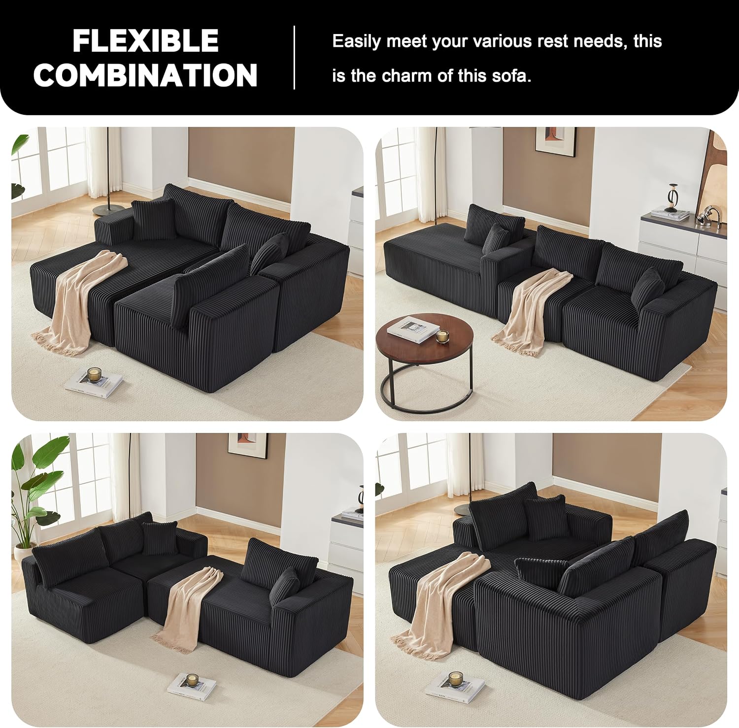 97' Boneless Couches for Living Room, Cloud Couch Sectional with Deep Seat, Comfy Couch with L-Shaped Chaise, Minimalist Upholstered Modular Sectional Sofa, No Assembly Required (Corduroy,Black)