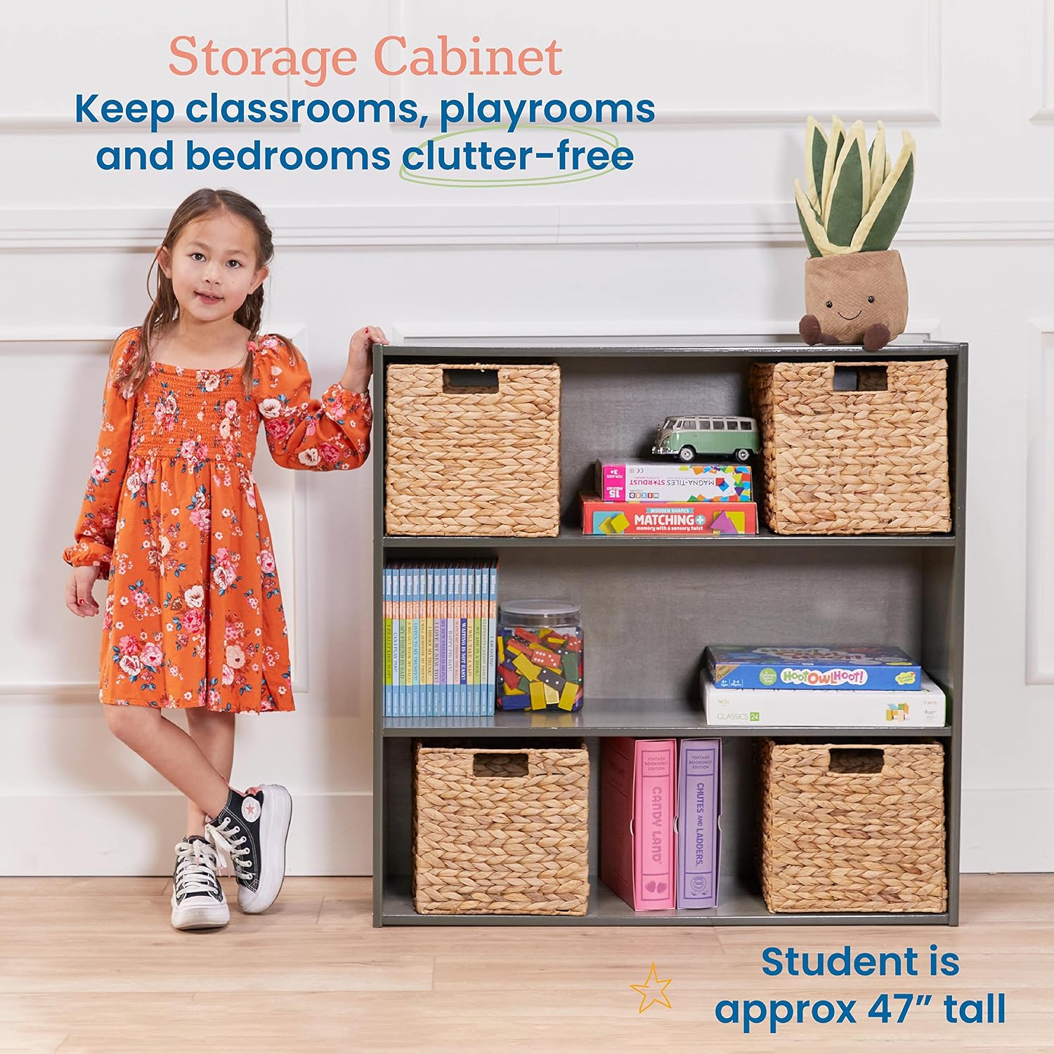 ECR4Kids Birch Streamline 3-Shelf Storage Cabinet, 36in High, Bookcase for Classroom and Playroom, Grey Wash