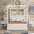 Full Size Wood Canopy Bed with Trundle Bed and Two Nightstand, Modern Bedroom Set for Kids Girls Boys Teens,Can Be Freely Decorated (White+Bedroom Set)