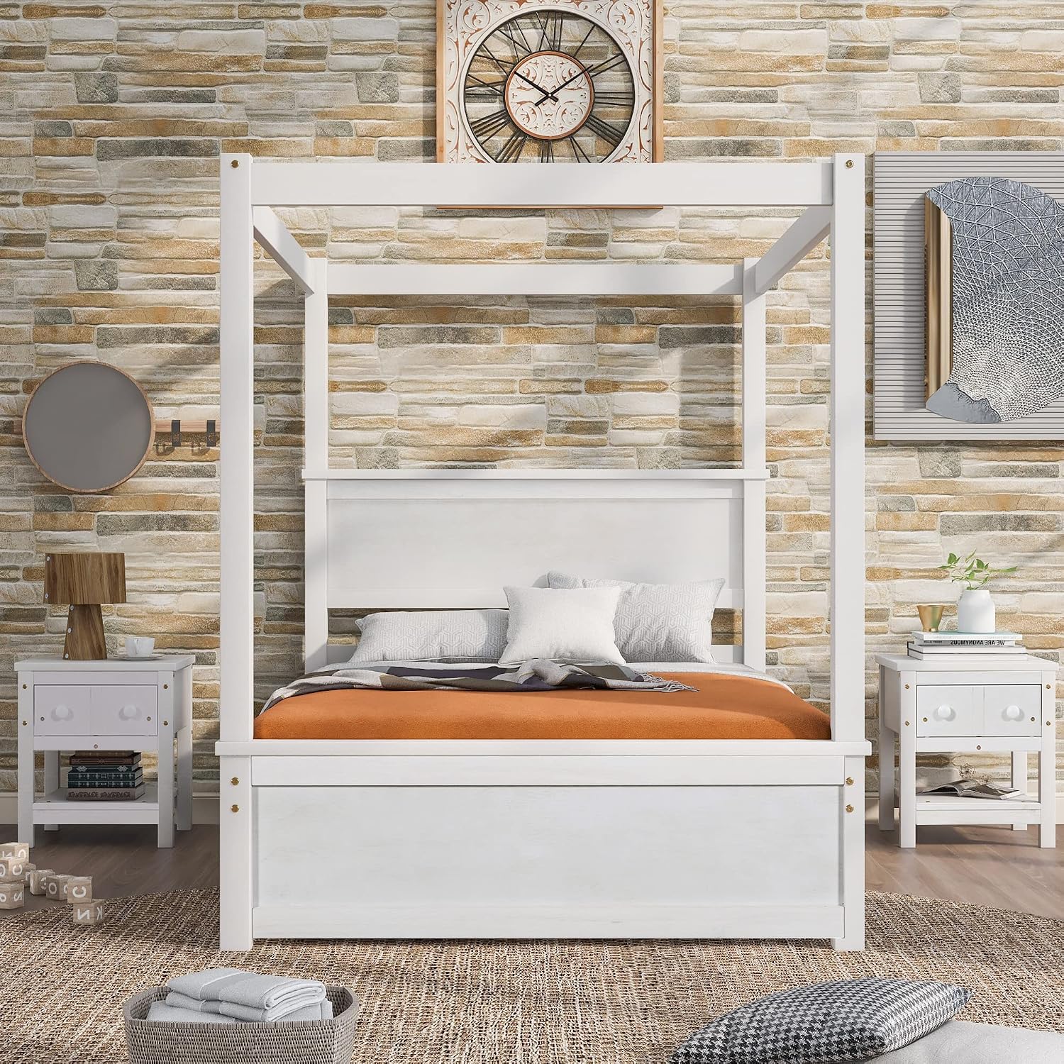Full Size Wood Canopy Bed with Trundle Bed and Two Nightstand, Modern Bedroom Set for Kids Girls Boys Teens,Can Be Freely Decorated (White+Bedroom Set)