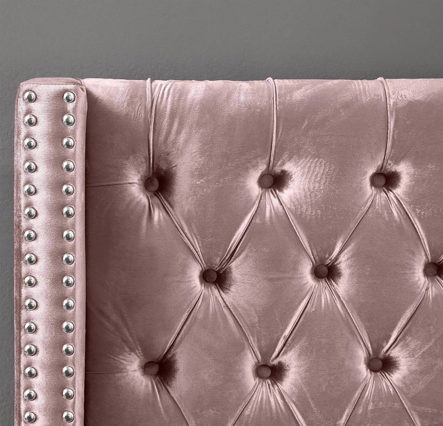 Meridian Furniture Aiden Collection Modern | Contemporary Velvet Upholstered Bed with Deep Button Tufting, Solid Wood Frame, and Custom Chrome Legs, Twin, Pink