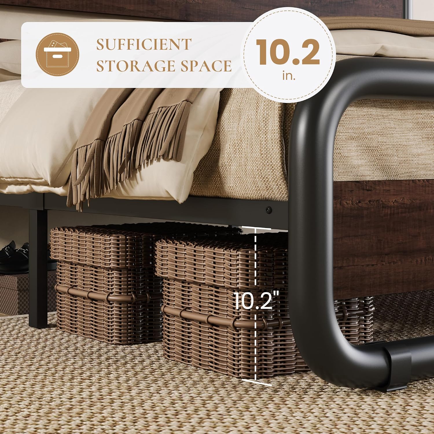 SHA CERLIN Queen Size Metal Bed Frame with Wooden Headboard and Footboard, Heavy Duty Oval-Shaped Platform Bed with Under-Bed Storage, Noise Free, No Box Spring Needed, Mahogany