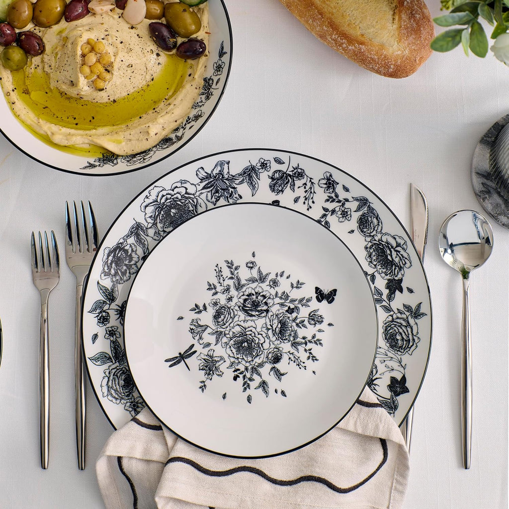 Stone Lain Esme 24-Piece Dinnerware Set Porcelain, Plates and Bowls Set, Dish Set for 8, Microwave and Dishwasher Safe, Black