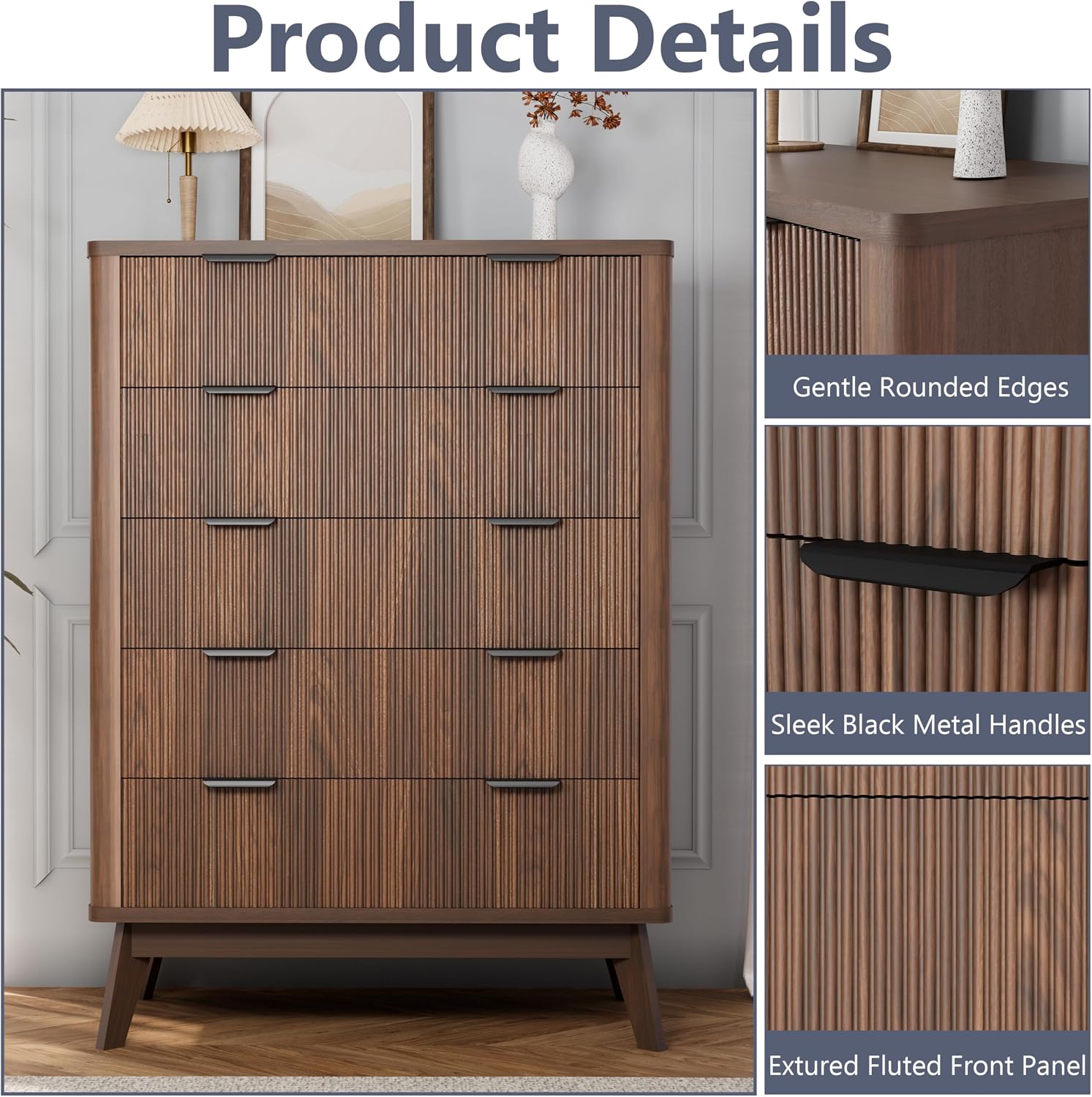 Royal Windsor Fluted 5 Drawers Dresser for Bedroom,43' Tall Wooden Dresser Chest of Drawers,Curved Profile Design,Storage Organizer for Living Room,Hallway,Brown