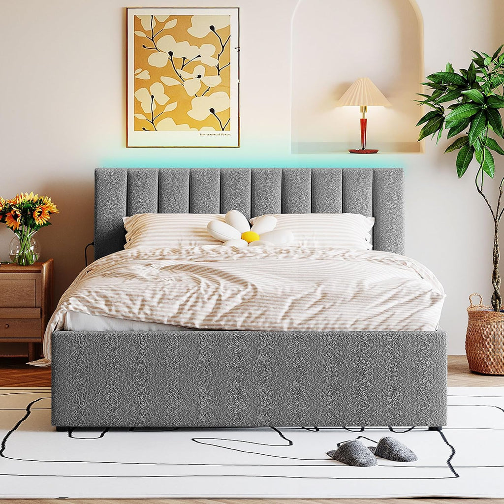 Teddy Fleece Queen Size Upholstered Platform Bed Frame for Boys Girls Kids Adults Toddler with Trundle, Gray