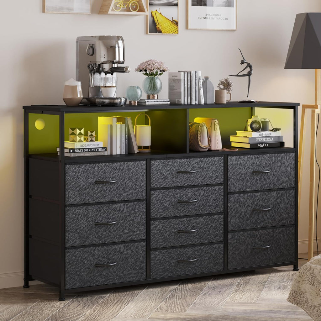 Unionly 55W 10-Drawers Dresser with 2 Open Storage Shelves, TV Stand Dresser for 55,65 inch TV，with Power Outlets and LED Lights, Fabric Dressers Drawers for Bedroom, Living Room (Black)