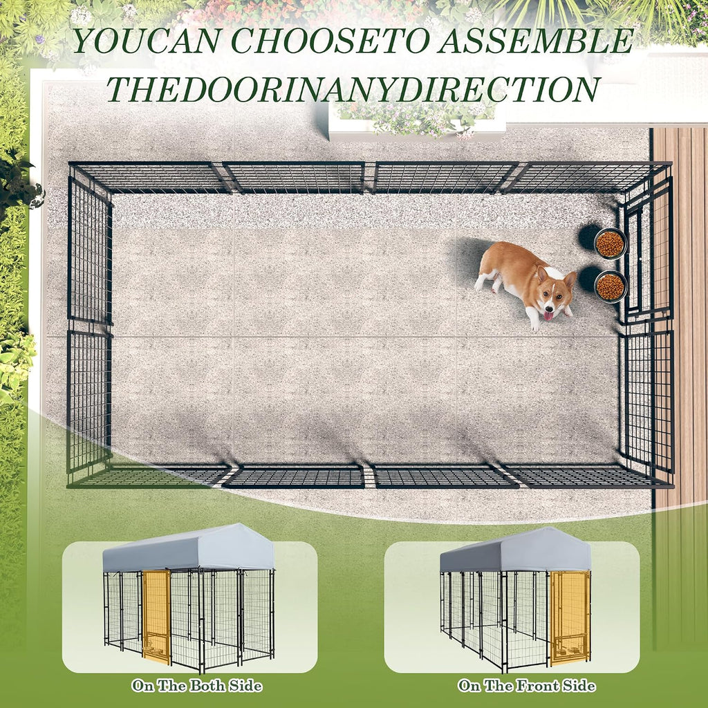 Grepatio Outside Dog Kennel for Large Dogs, 8x4x5.7 FT Outdoor Dog Kennels with Waterproof, Heavy Duty Dog Enclosure with 2 Rotating Dogs Bowls, Dog Run Playpen Fence with Secure Lock