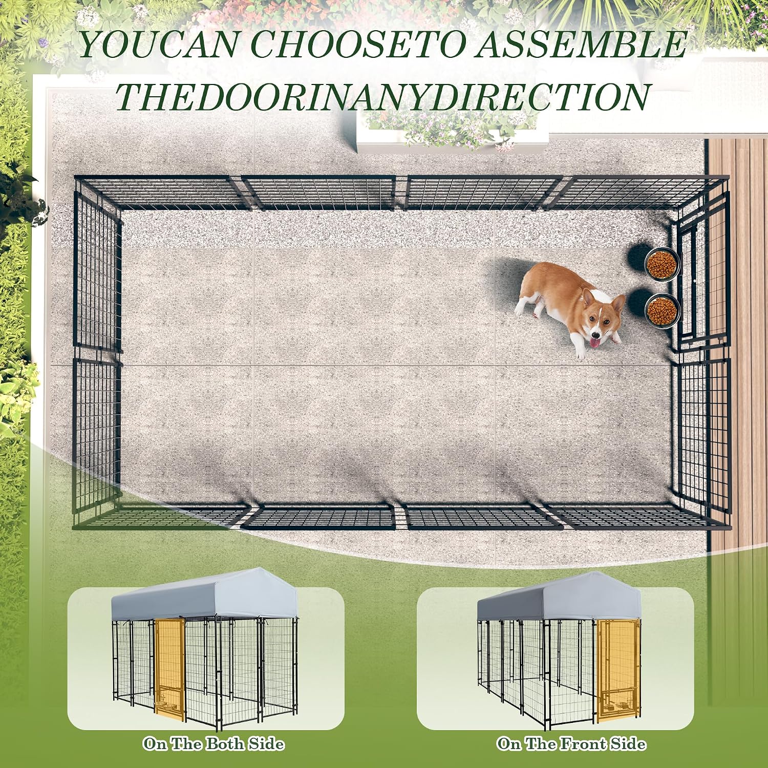 Grepatio Outside Dog Kennel for Large Dogs, 8x4x5.7 FT Outdoor Dog Kennels with Waterproof, Heavy Duty Dog Enclosure with 2 Rotating Dogs Bowls, Dog Run Playpen Fence with Secure Lock