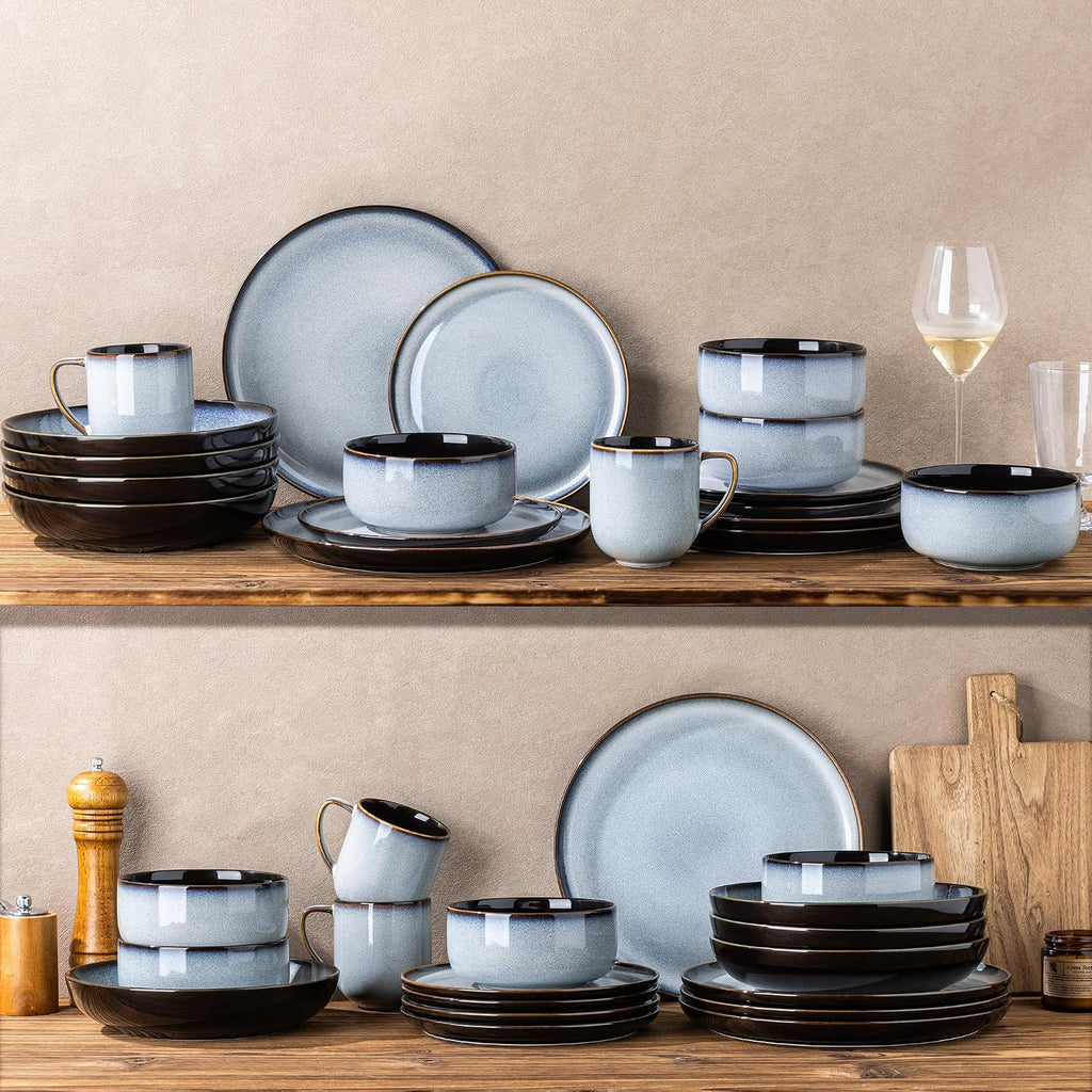 LERATIO Ceramic Dinnerware Sets with Pasta Bowls for 4,Plates and Bowls Sets,Oven &Microwave & Dishwasher Safe,Light Weight & Scratch Resistant Dishes Sets-Service for 4 (16pcs)-Gray White