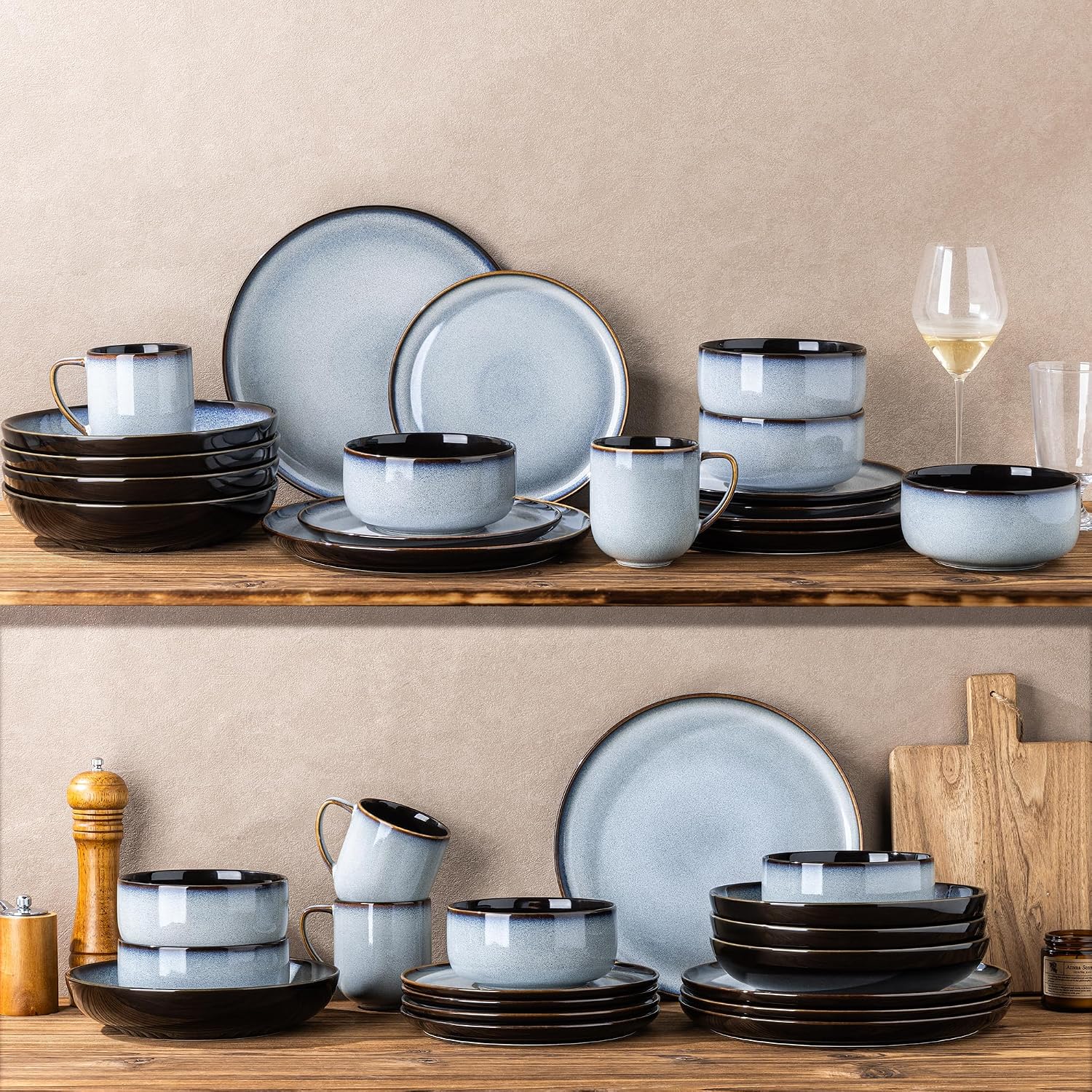 LERATIO Ceramic Dinnerware Sets with Pasta Bowls for 4,Plates and Bowls Sets,Oven &Microwave & Dishwasher Safe,Light Weight & Scratch Resistant Dishes Sets-Service for 4 (16pcs)-Gray White