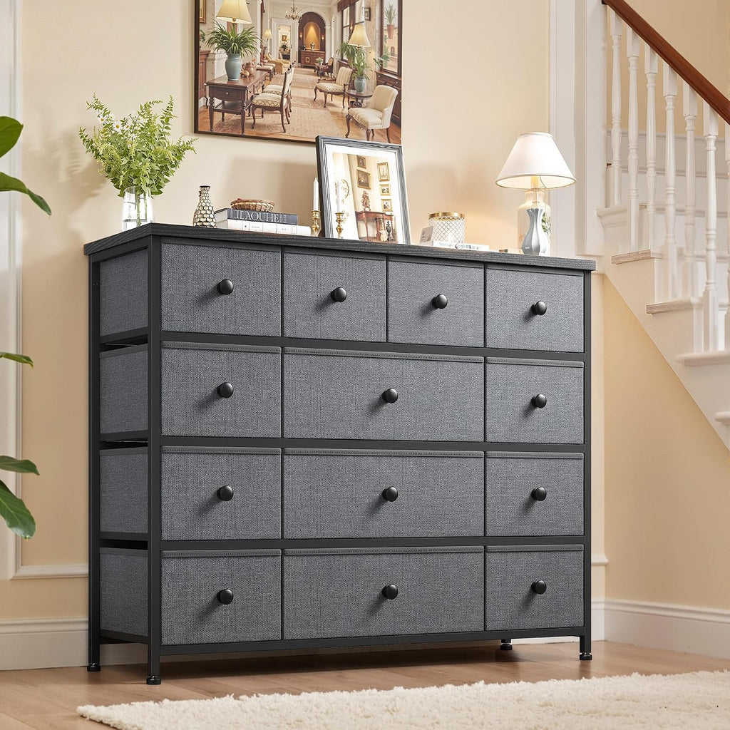 EnHomee Dresser for Bedroom with 13 Fabric Drawers TV Stand for 45 Inch TV Chests of Drawers for Living Room, Wood Top and Sturdy Frame, Grey
