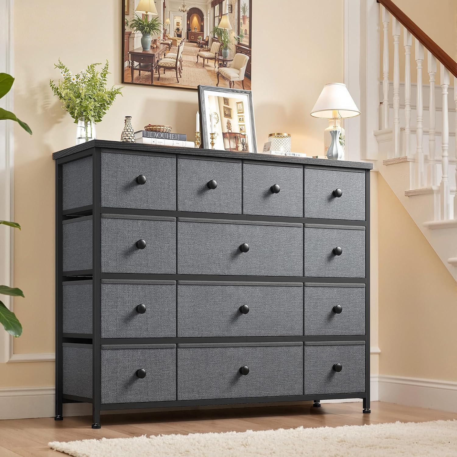 EnHomee Dresser for Bedroom with 13 Fabric Drawers TV Stand for 45 Inch TV Chests of Drawers for Living Room, Wood Top and Sturdy Frame, Grey
