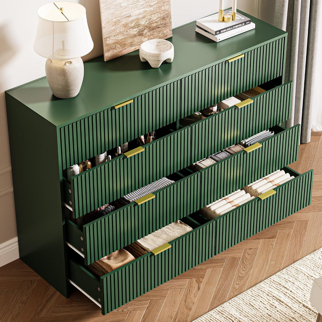MAISONARIA Green Dresser for Bedroom, 8 Drawer Double Dresser, Modern Chest of Drawers for Bedroom, Living Room, Entryway and Closet, 55' L x 15.7' D x 37.4' H