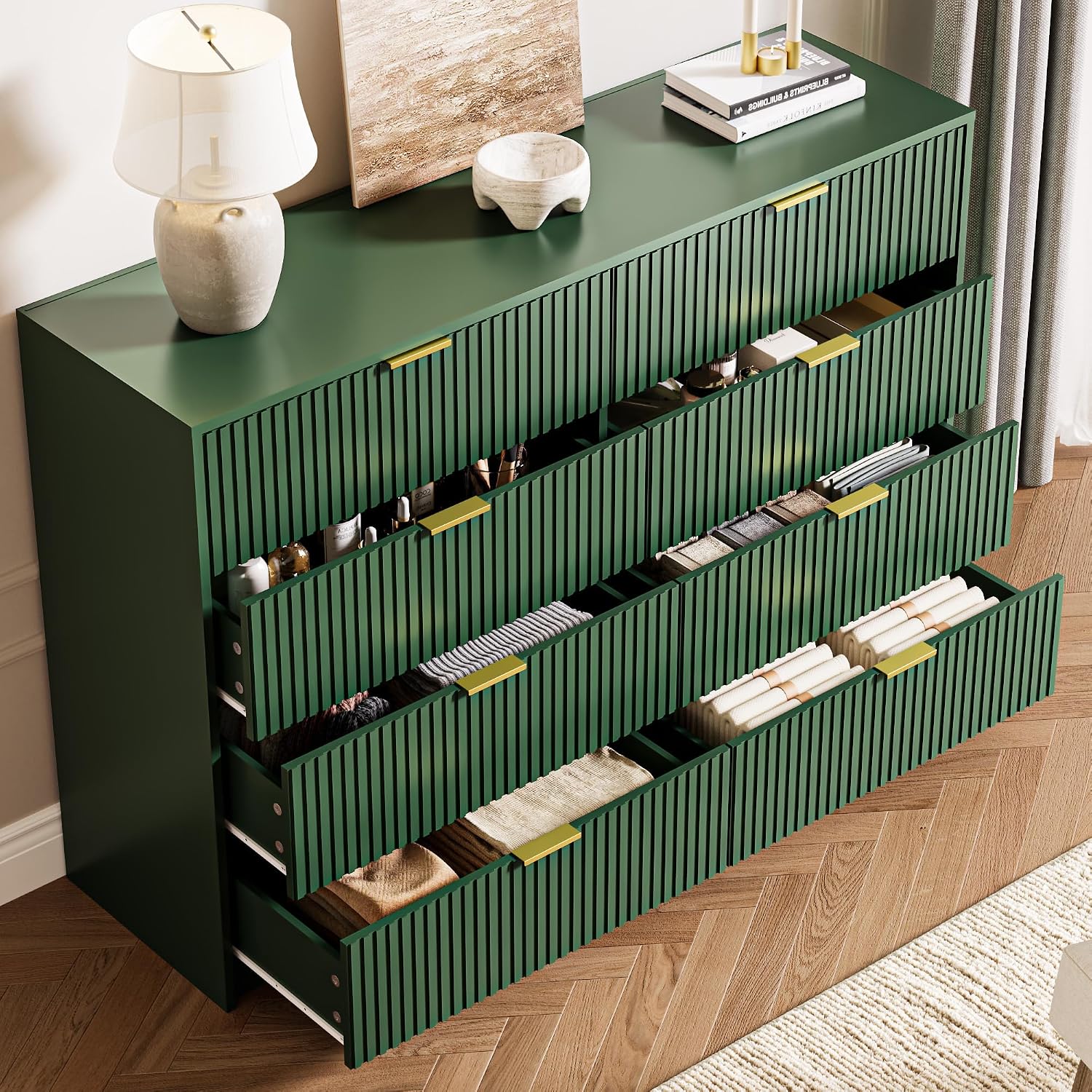 MAISONARIA Green Dresser for Bedroom, 8 Drawer Double Dresser, Modern Chest of Drawers for Bedroom, Living Room, Entryway and Closet, 55' L x 15.7' D x 37.4' H