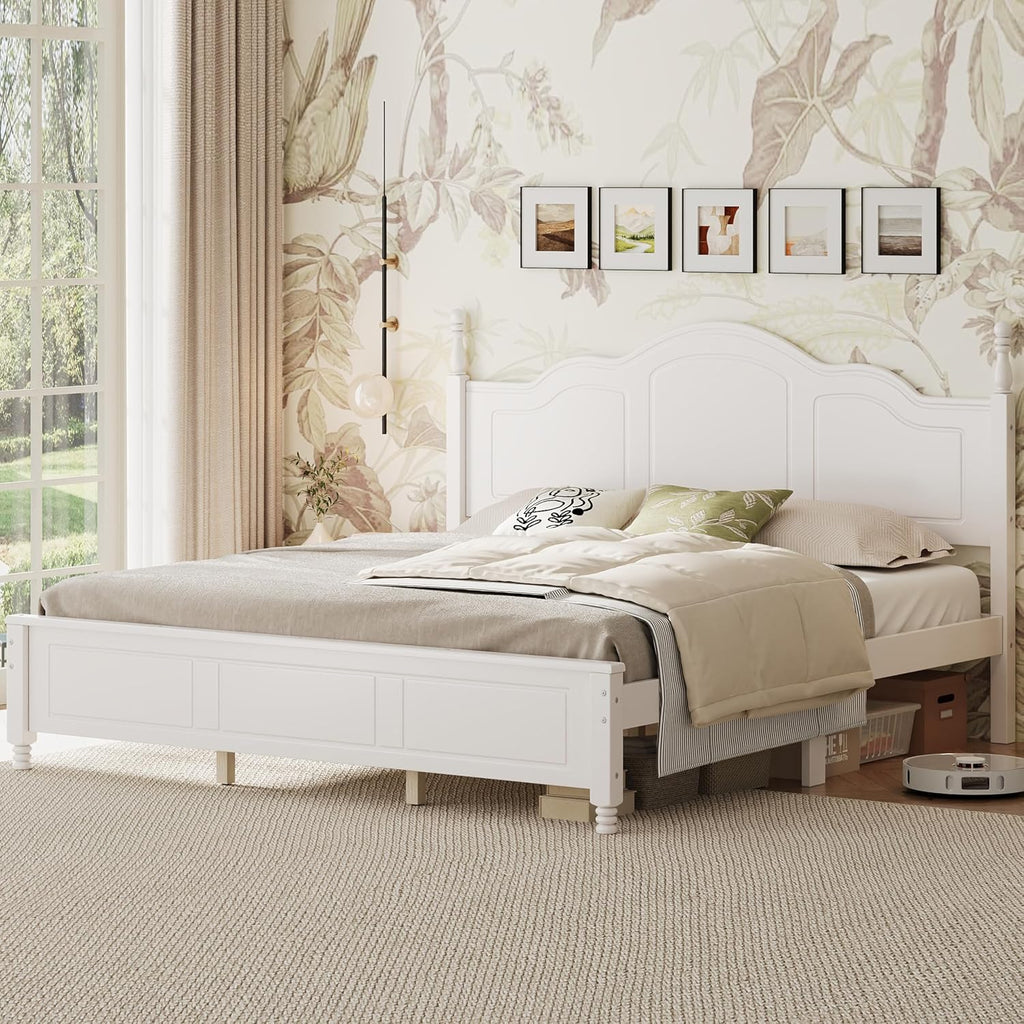 JIVOIT Wood King Bed Frame with Headboard and Footboard, Retro Style Platform Bed with Wooden Slat Support, Solid Wood Foundation, King Size Wooden Bed Frame (White,King Bed, 1)