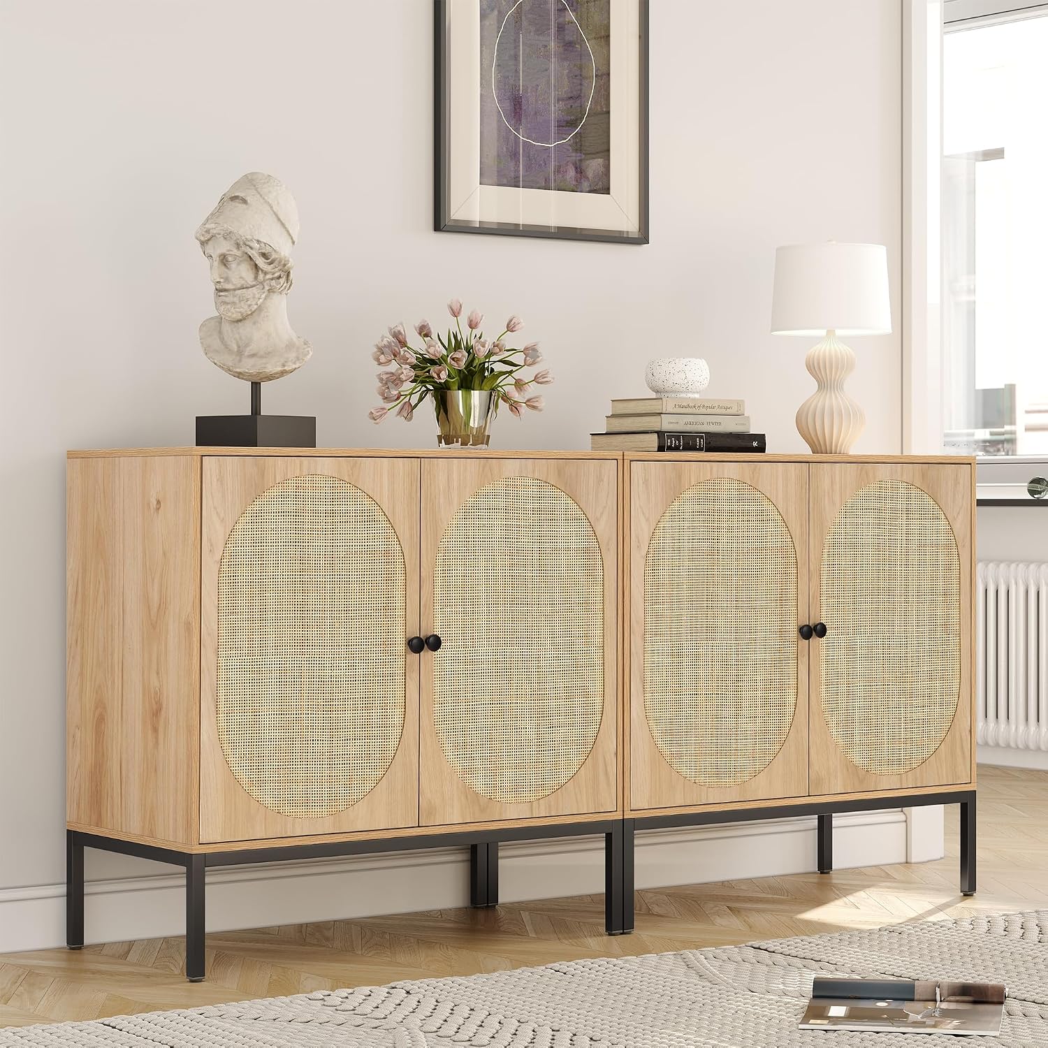 Yechen Set of 2 63' Sideboard Cabinet with Natural Rattan Hand-Woven Doors, Rattan Cabinet, Accent Buffet Storage Console Cane Credenza, for Living Room Entryway, Metal Legs/Natural
