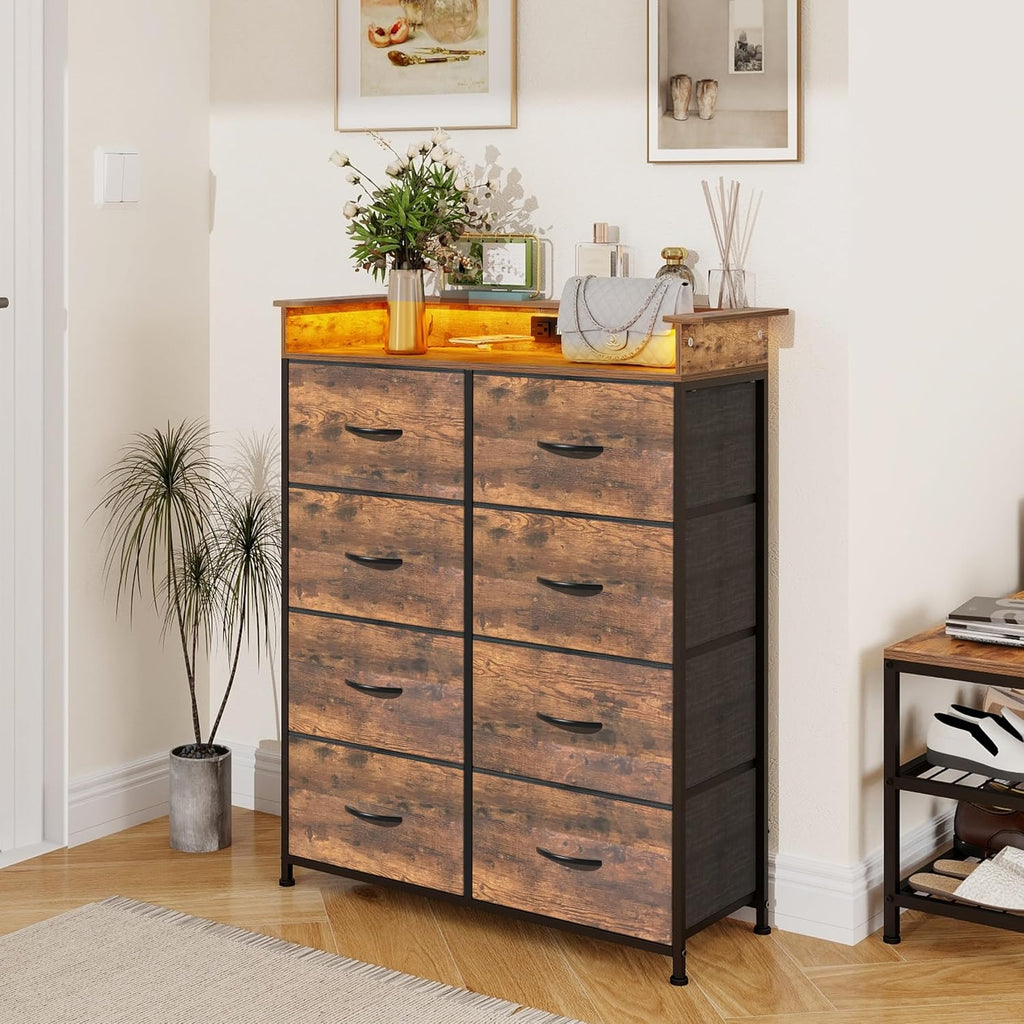 Tall Dresser for Bedroom with Charge Station 8 Drawers Dresser with LED Lights Chest Organizer Units for Hallway Entryway Closets Sturdy Steel Frame Wood Top Easy Pull Handle Rustic Brown