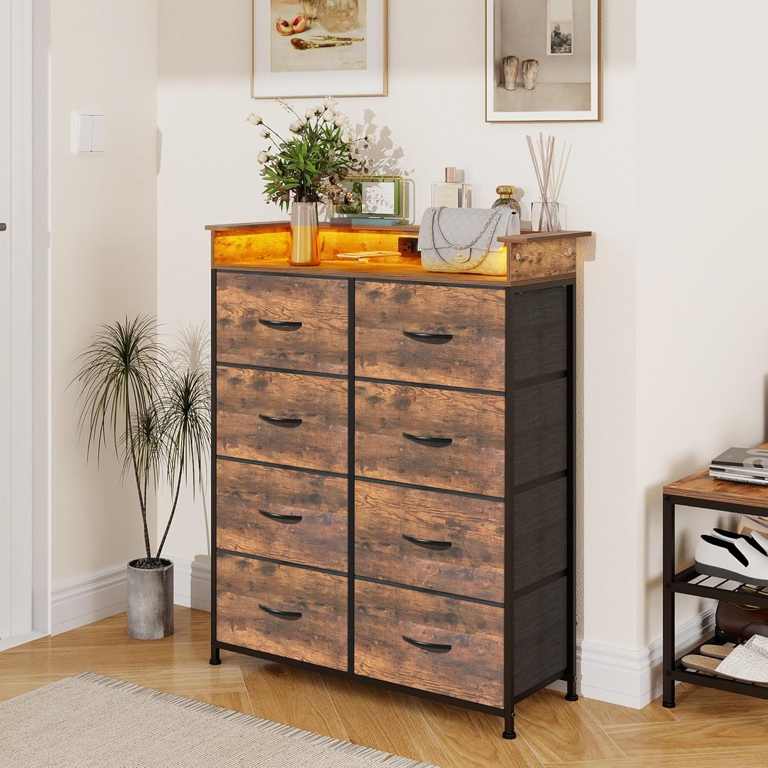 Tall Dresser for Bedroom with Charge Station 8 Drawers Dresser with LED Lights Chest Organizer Units for Hallway Entryway Closets Sturdy Steel Frame Wood Top Easy Pull Handle Rustic Brown