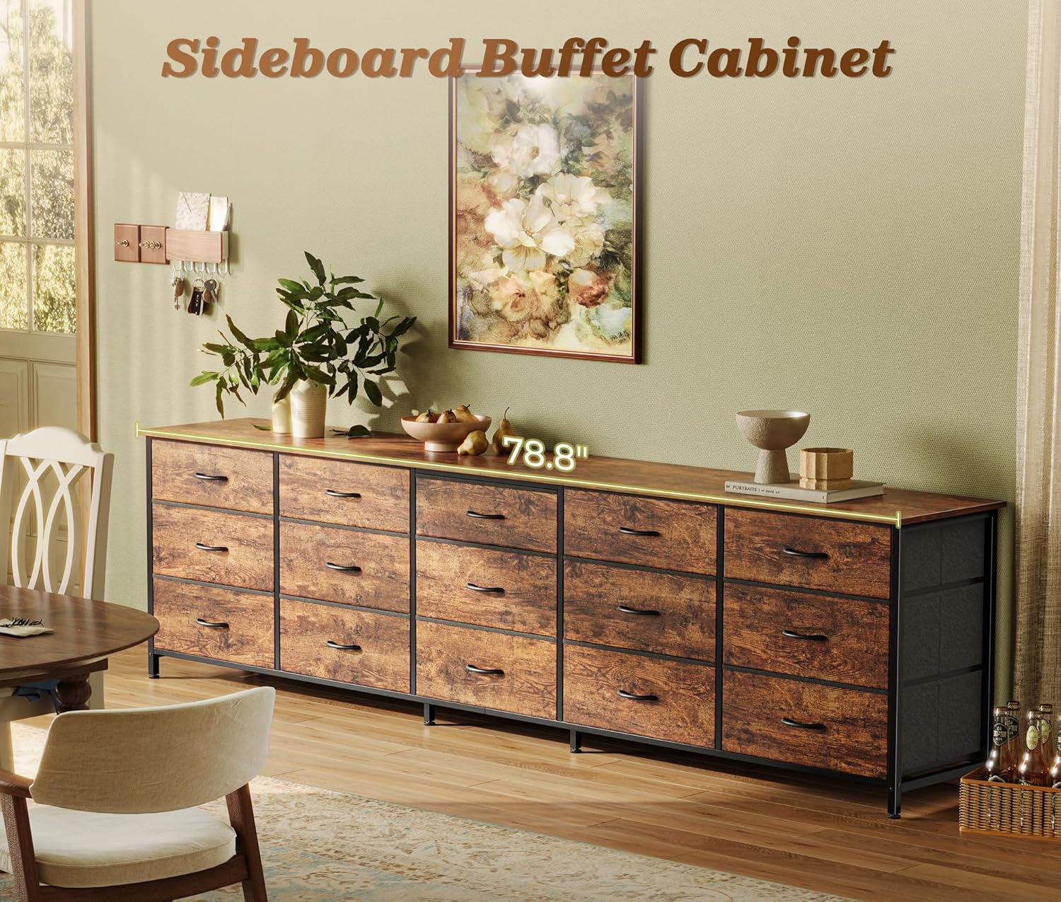 Huuger 78.7 inch Long Dresser for Bedroom, 15 Drawer Fabric Dresser for Closet, Large TV Stand for 65, 75, 85 inch TV, Wide Chest of Drawer with Storage, 78.7' W x 12.9' D x 26.7' H, Rustic Brown