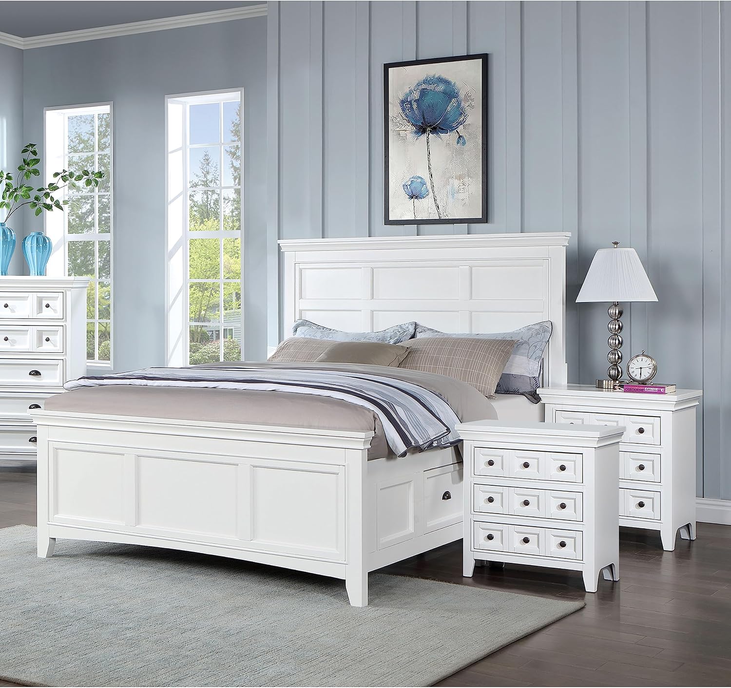 Furniture of America Zinnia Transitional Storage Wood 3-Piece Bedroom Set, Bed and 2 Nightstands, Full-Size, White