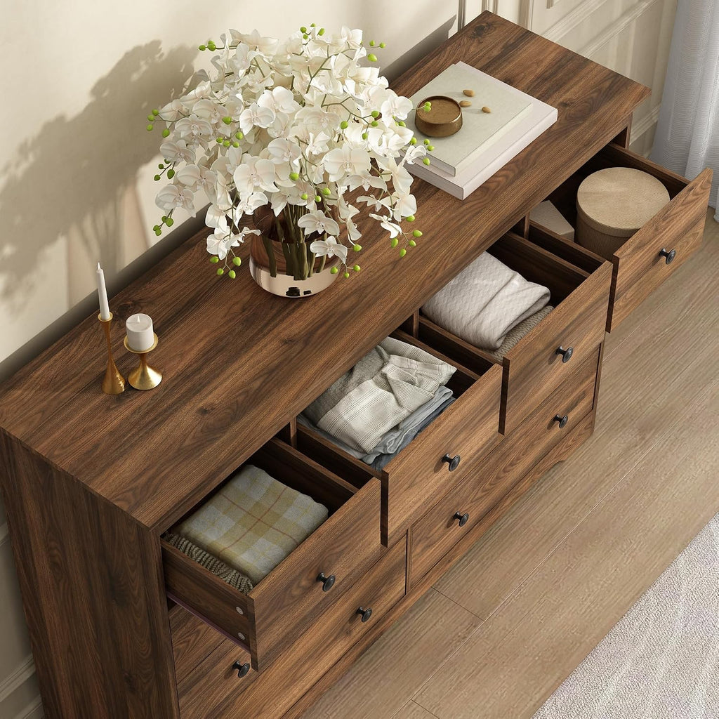 55 Inch Wide Dresser for Bedroom, 10 Drawer Dresser with Large Drawers, Thickened Top, Wood Chest for Living Room, Hallway, Walnut