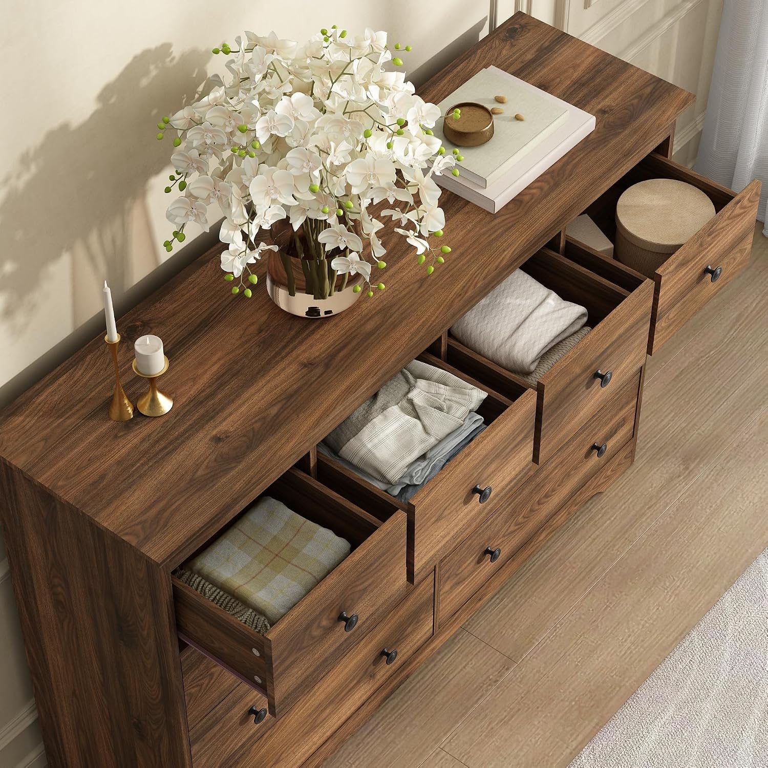 55 Inch Wide Dresser for Bedroom, 10 Drawer Dresser with Large Drawers, Thickened Top, Wood Chest for Living Room, Hallway, Walnut