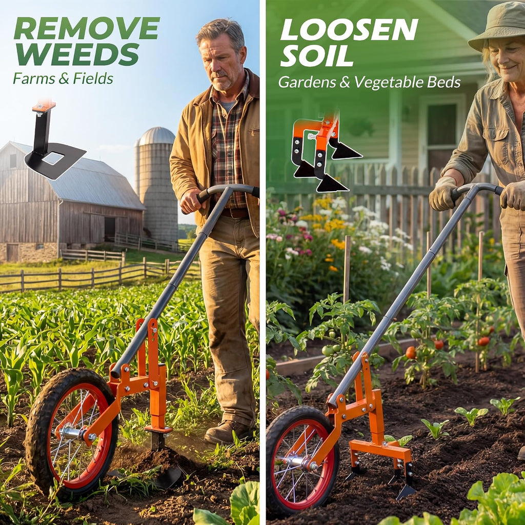 Walensee 2-in-1 Manual Wheel Hoe Garden Cultivator, Push Plow with Adjustable Long Handle 51.9–64.9 in, Dual Tools for Soil Loosening & Weeding, Heavy Duty Steel Frame, Lawn & Garden Tiller