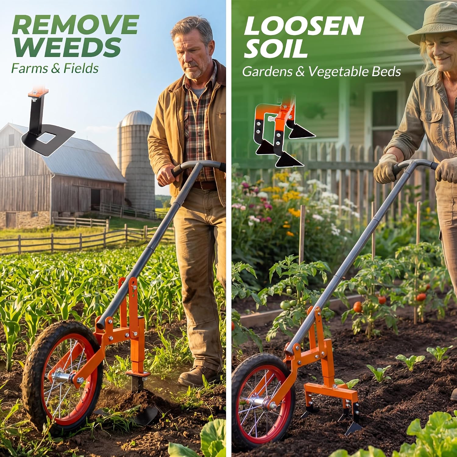Walensee 2-in-1 Manual Wheel Hoe Garden Cultivator, Push Plow with Adjustable Long Handle 51.9–64.9 in, Dual Tools for Soil Loosening & Weeding, Heavy Duty Steel Frame, Lawn & Garden Tiller