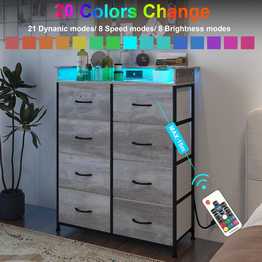 Dresser for Bedroom with Charing Station Grey Dresser with LED Lights Tall Dressers with 8 Drawers Storage Tower for Closet Living Room Hallway Entryway Sturdy Steel Frame Wood Top