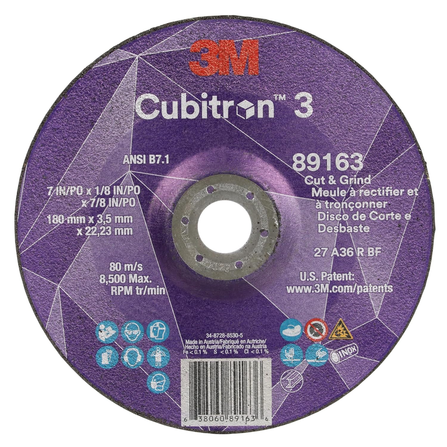 3M Cubitron 3 Cut and Grind Wheel, 89163, 36+, T27, 7 in x 1/8 in x 7/8 in, Pack of 10, ANSI, Longer Life, Faster Cut, Back-Gouging, Fillet Weld Removal, Cutting, Grinding