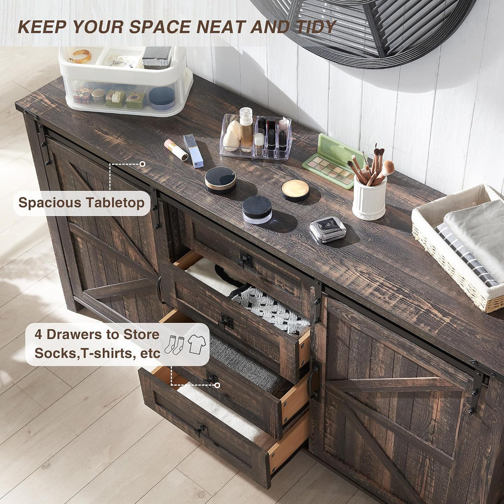 T4TREAM 60'' Farmhouse Dresser Chests for Bedroom w/4 Drawers & Sliding Barn Doors, Wide TV Stand, Tall Chest of Drawers, Rustic Dresser Organizer for Bedroom, Living Room, Dark Rustic Oak