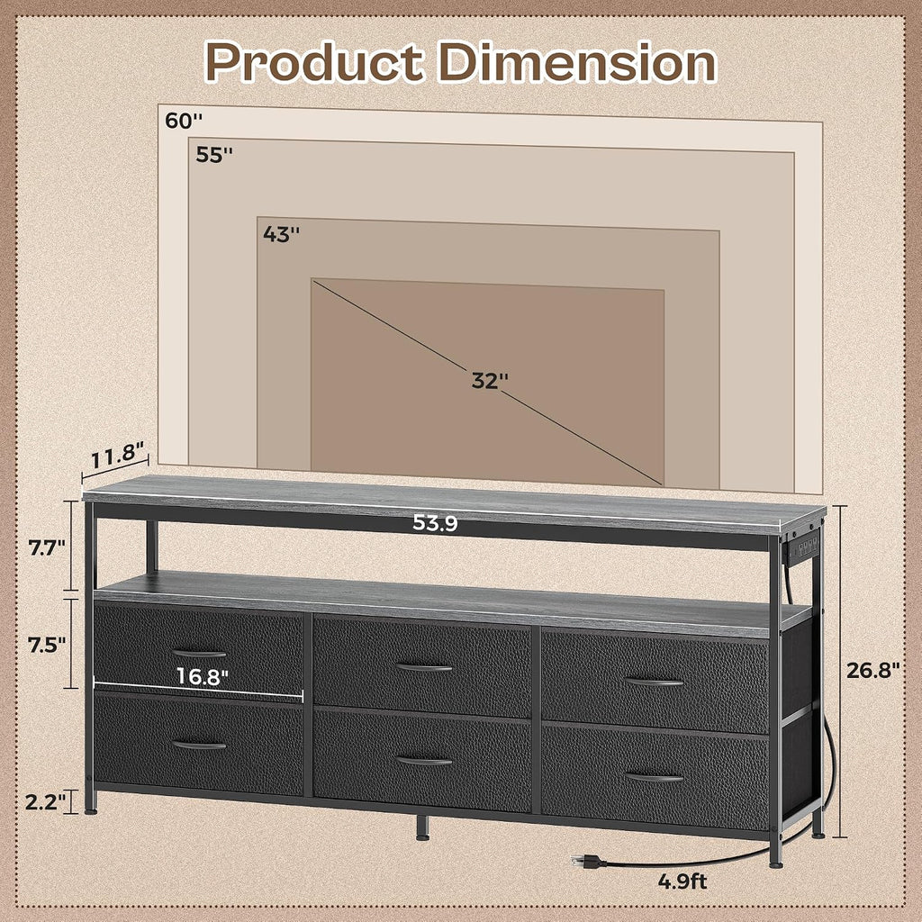 Huuger LED TV Stand for Bedroom, 55 Inch Fabric Dresser with Power Outlets, Entertainment Center for 60, 55, 50 Inch TV, 6 Drawer Dresser for Bedroom, Chest of Drawers with Shlef, PU Leather, Grey