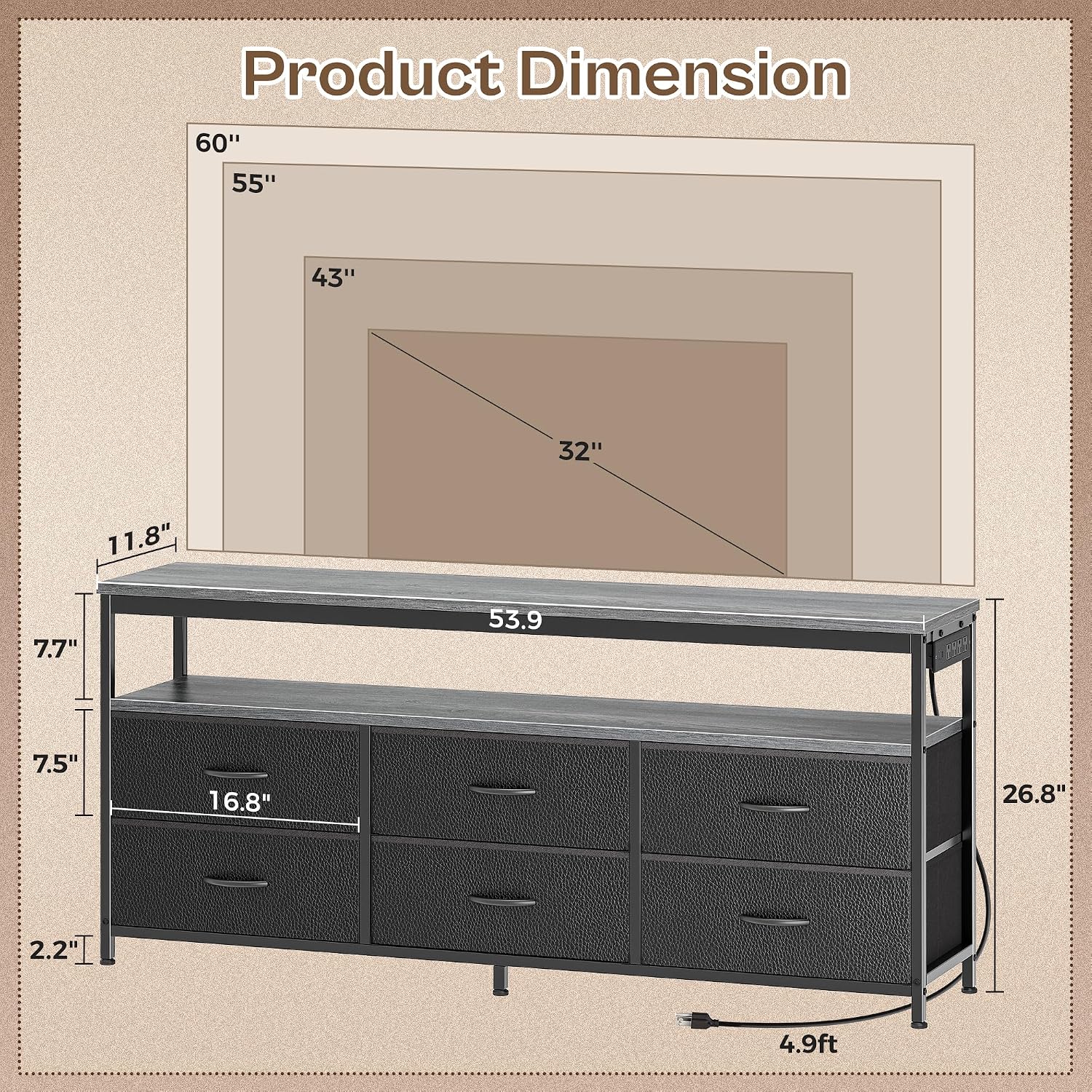Huuger LED TV Stand for Bedroom, 55 Inch Fabric Dresser with Power Outlets, Entertainment Center for 60, 55, 50 Inch TV, 6 Drawer Dresser for Bedroom, Chest of Drawers with Shlef, PU Leather, Grey