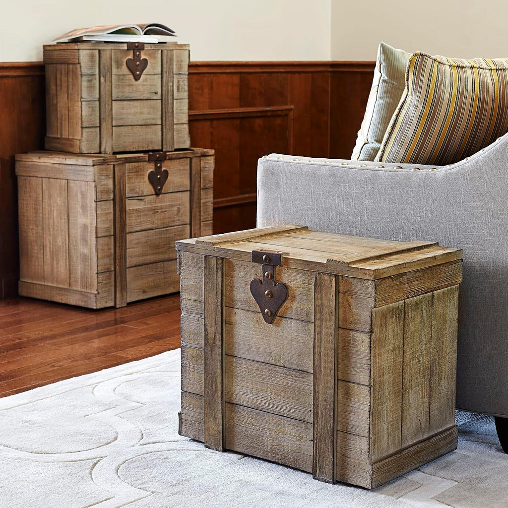 Household Essentials Antiqued Decorative Trunk, 3 Piece Set, Small, Medium and Large, Chinese Fir Panel and MDF, Smooth Backing and Metal Hinge Accent, Flat Top and Stay-Open Lid
