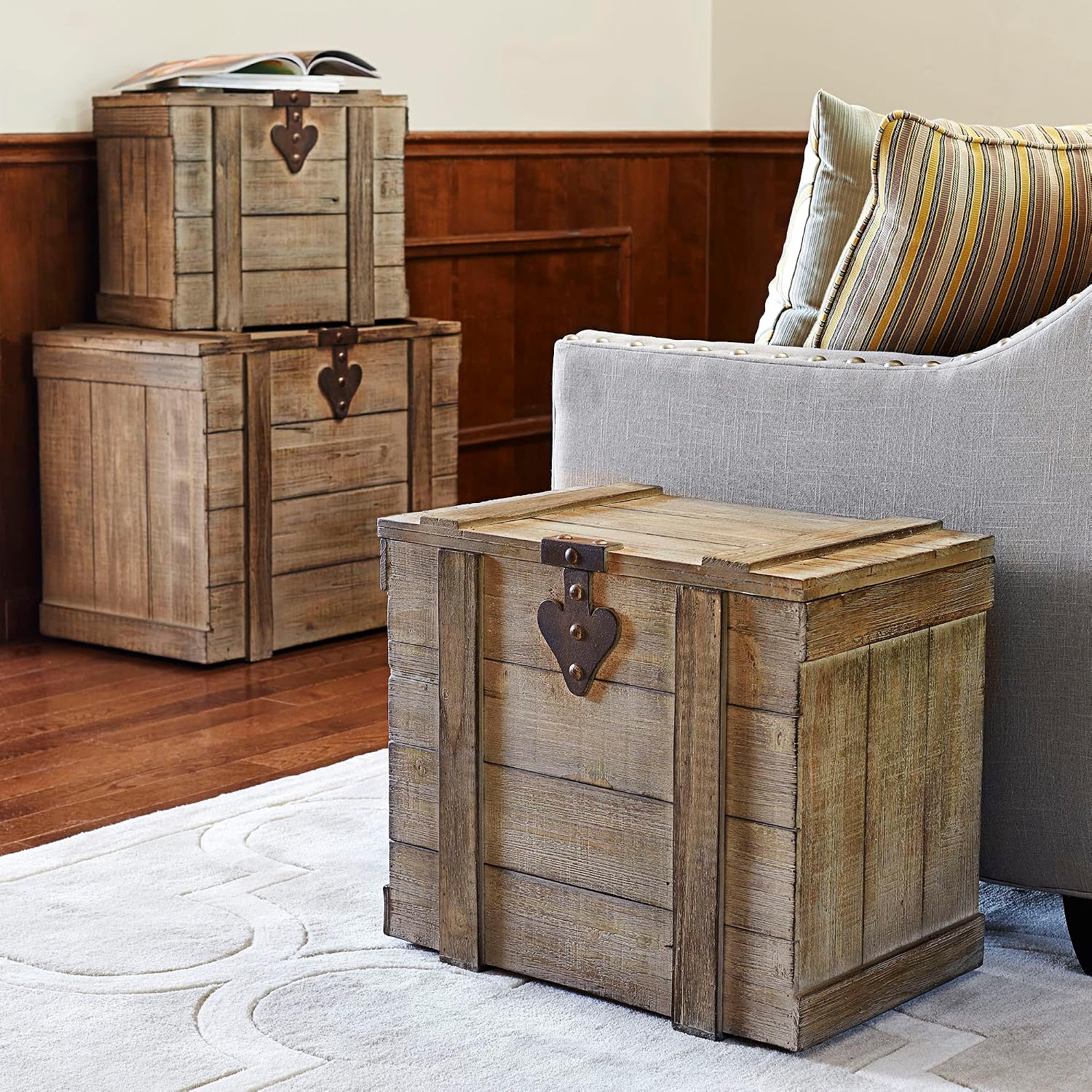 Household Essentials Antiqued Decorative Trunk, Large, Chinese Fir Panel and MDF, Smooth Backing and Metal Hinge Accent, Flat Top and Stay-Open Lid