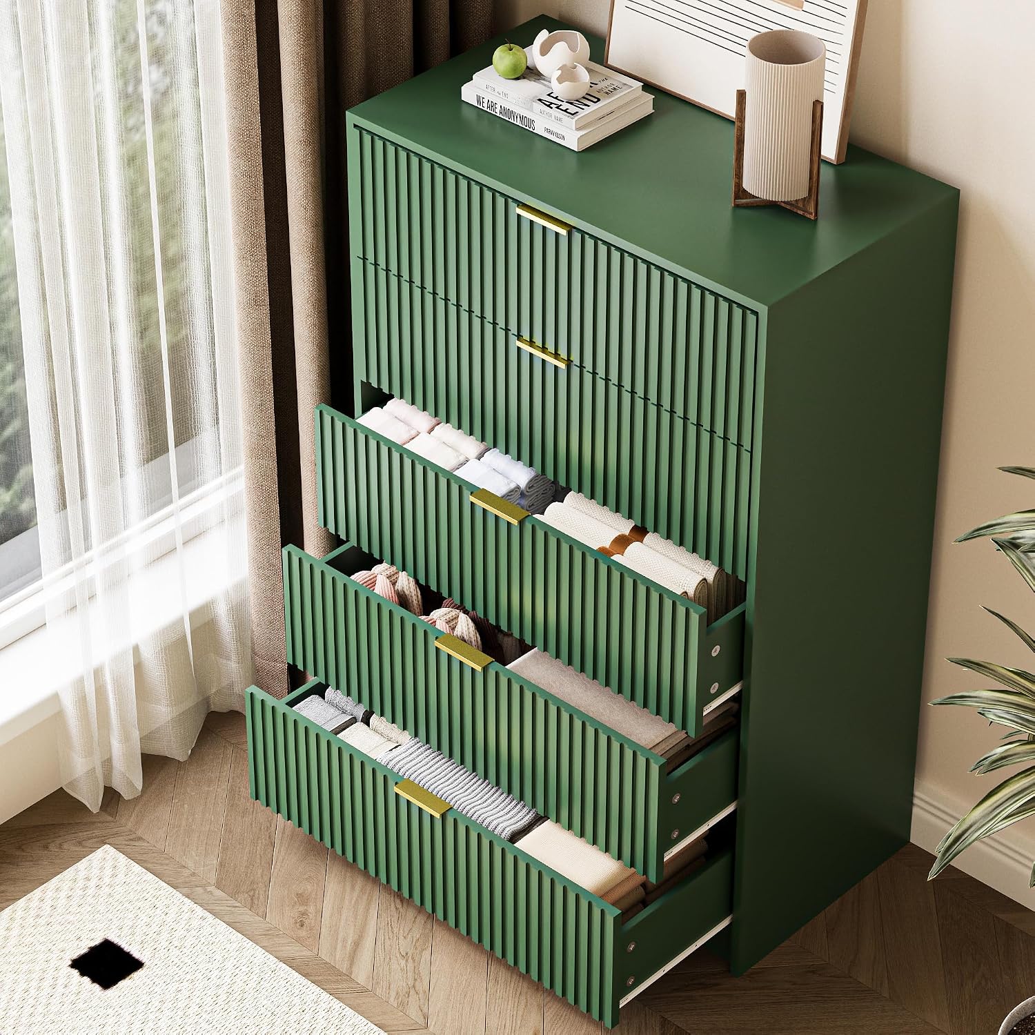 MAISONARIA 5 Drawer Dresser for Bedroom, Tall Dresser Chest of Drawers with Gold Handles, 32 Inch Wide Nightstand with for Bedroom, Living Rooms, Offices, and Entryways, Green