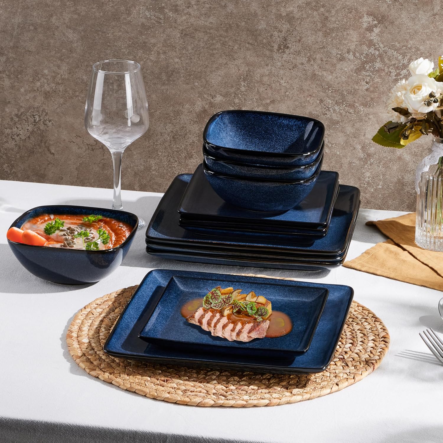 E-far Square Dinnerware Sets for 8, 24-Piece Stoneware Plates and Bowls Dishes Set, Reactive Glaze Porcelain Dishware Sets, Chip & Scratch Resistant, Microwave & Dishwasher Safe, Deep Sea Blue