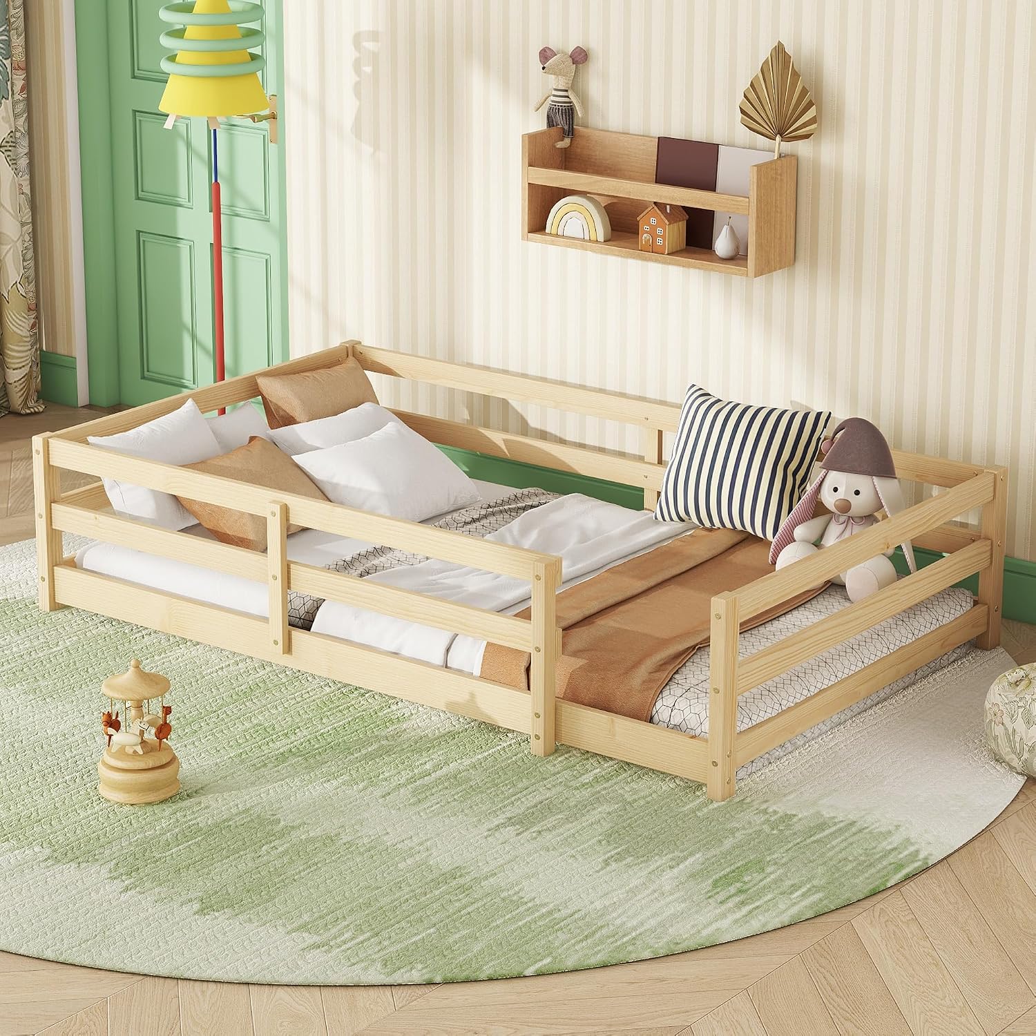 Modern Classic Full Size Bed Frame with Fence, Sturdy Wood Montessori Floor Bed for s, Boys, Girls, Dorm, Bedroom, House, Easy to Assemble, Noise-Free Design, No Box Spring Needed,Oak-Twin